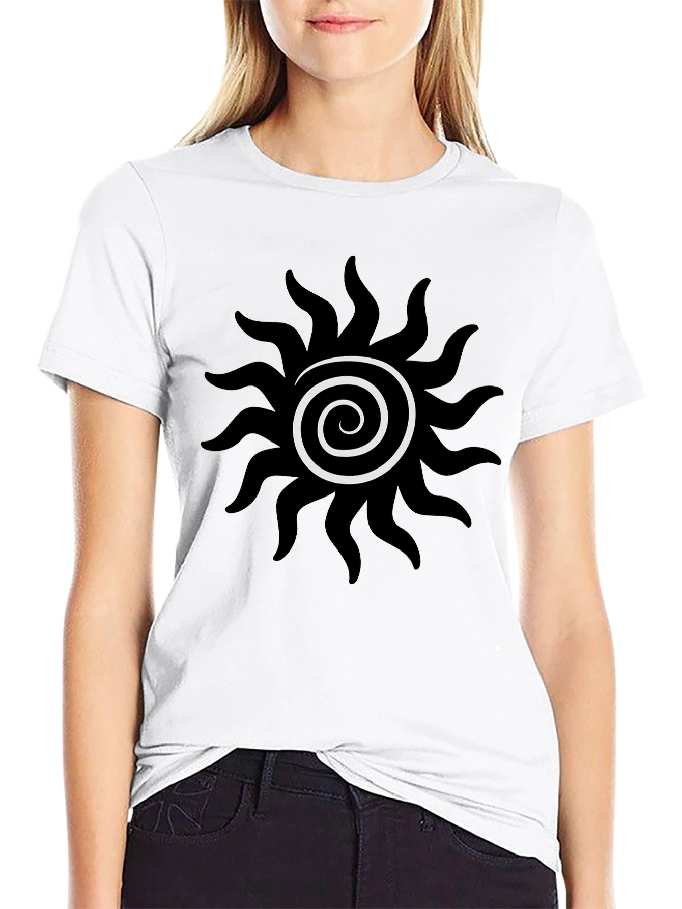 Black Tee with Spiral Sun Graphic
