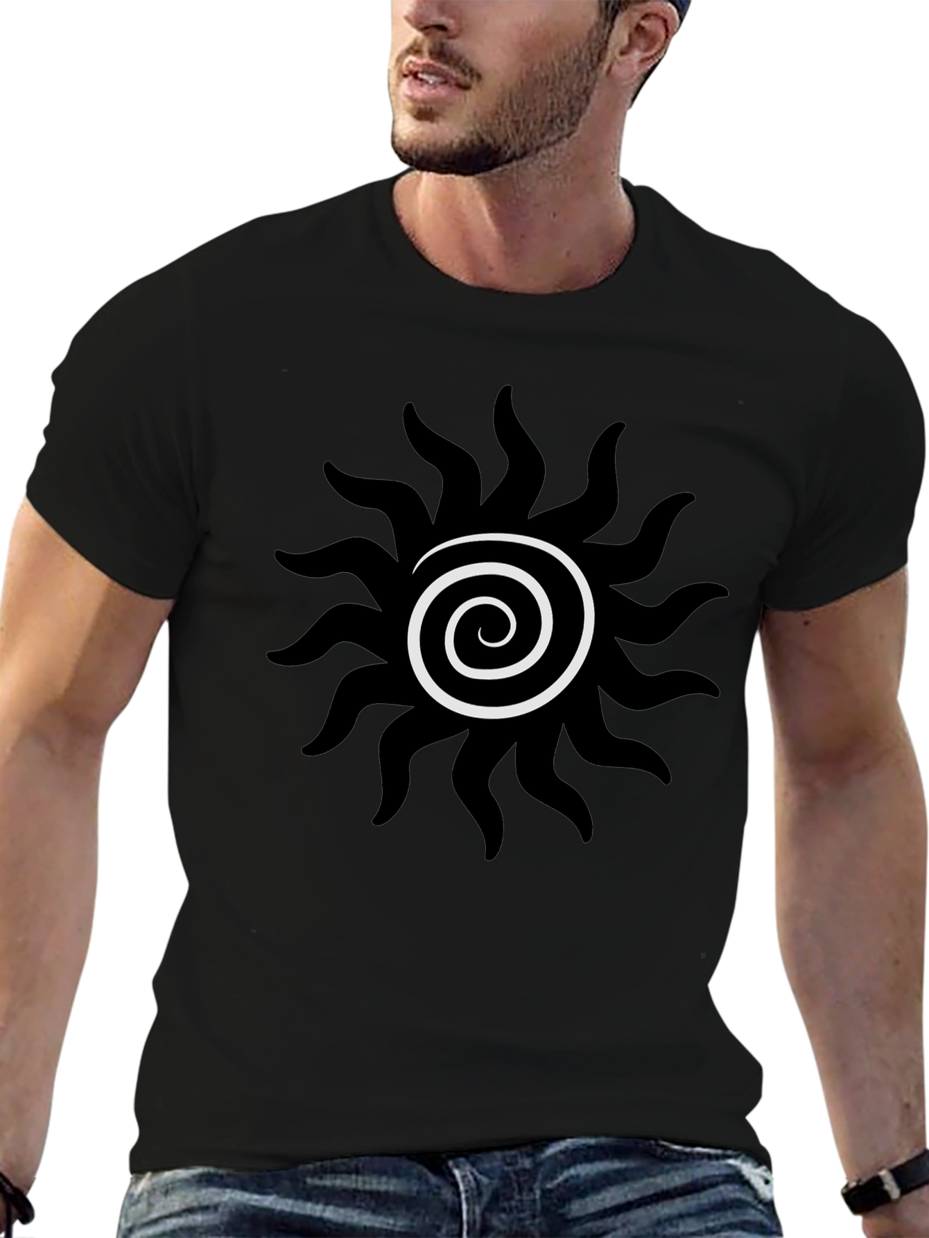 Black Tee with Spiral Sun Graphic