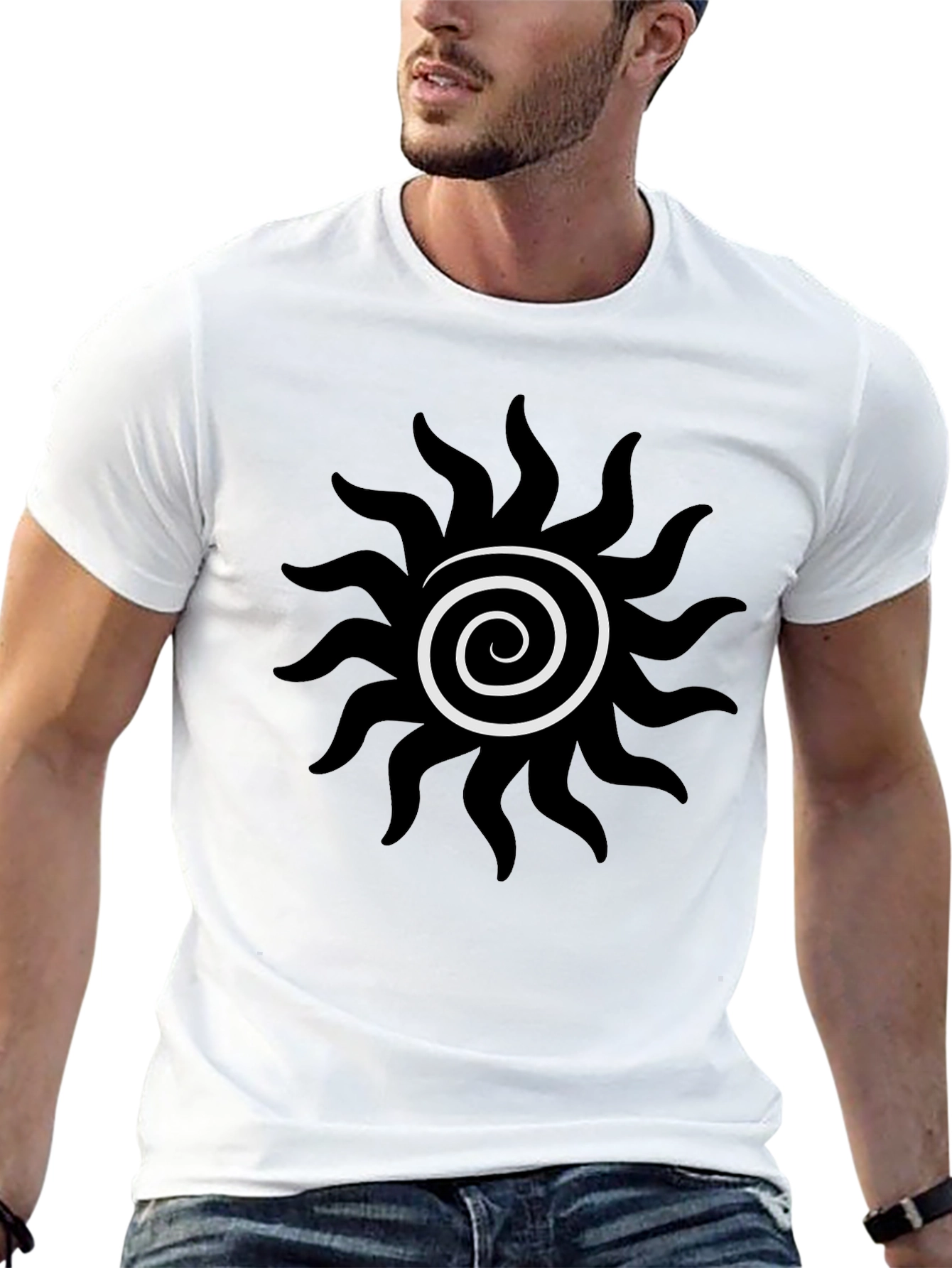 Black Tee with Spiral Sun Graphic