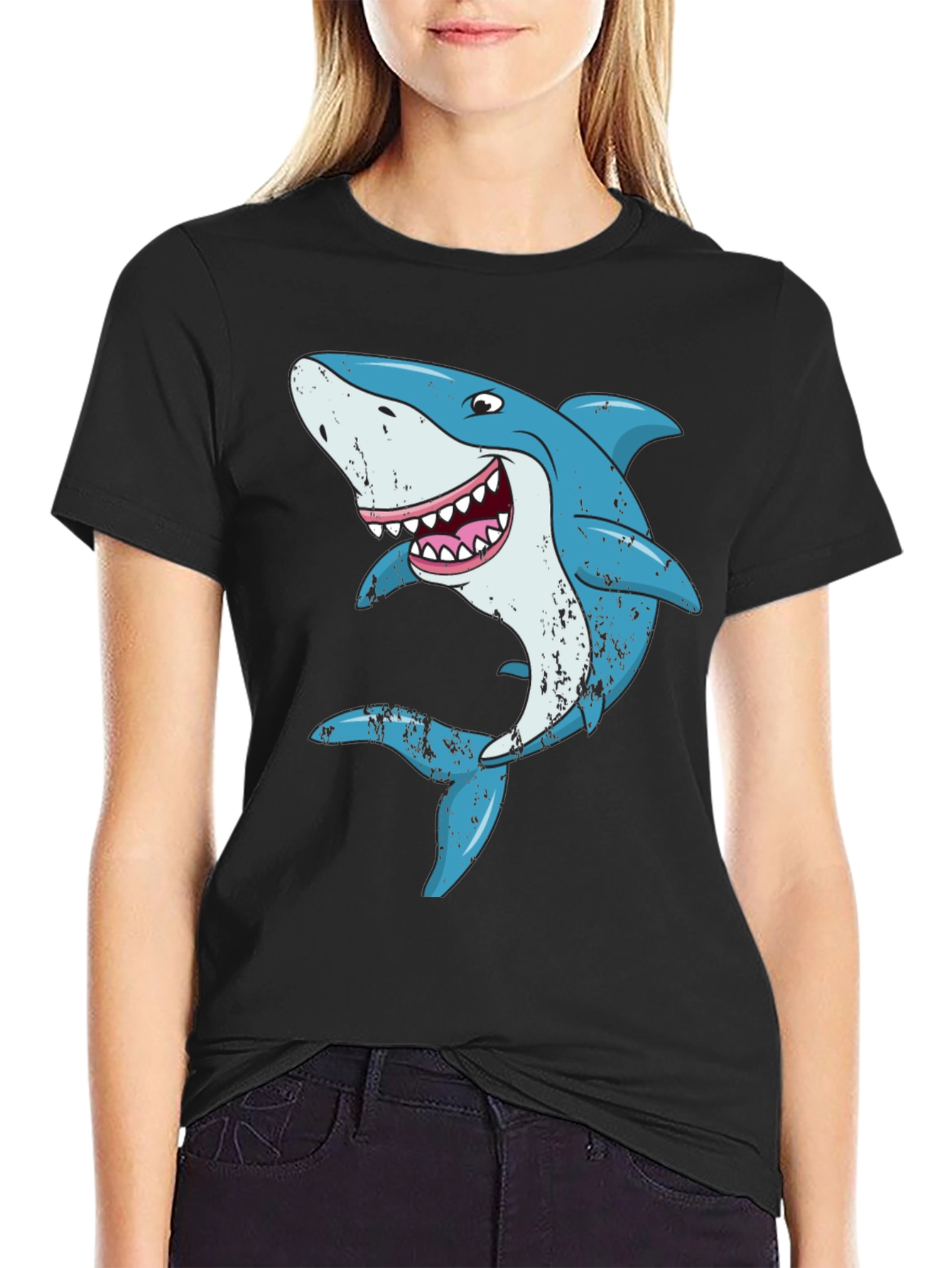 Cartoon Shark Graphic Black T-Shirt