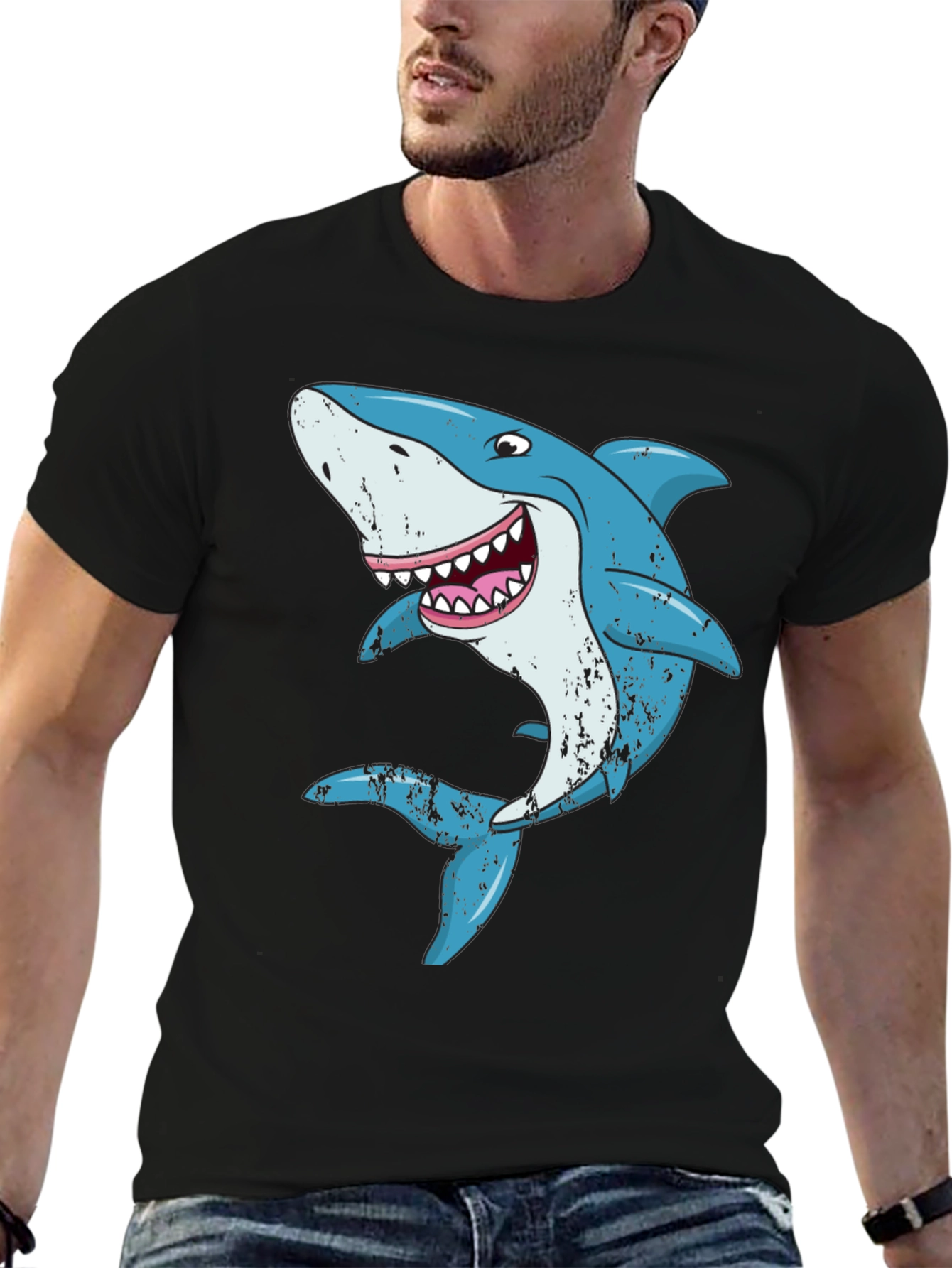 Cartoon Shark Graphic Black T-Shirt