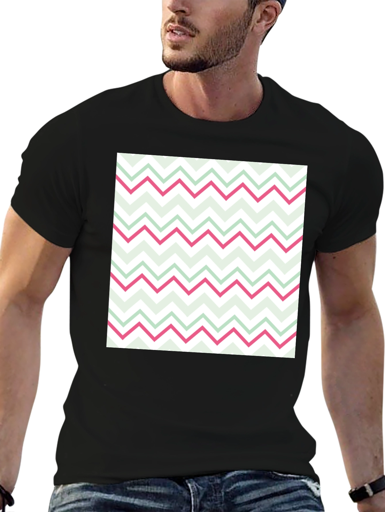 Fun Zig-Zag Print Black Cotton T-Shirt