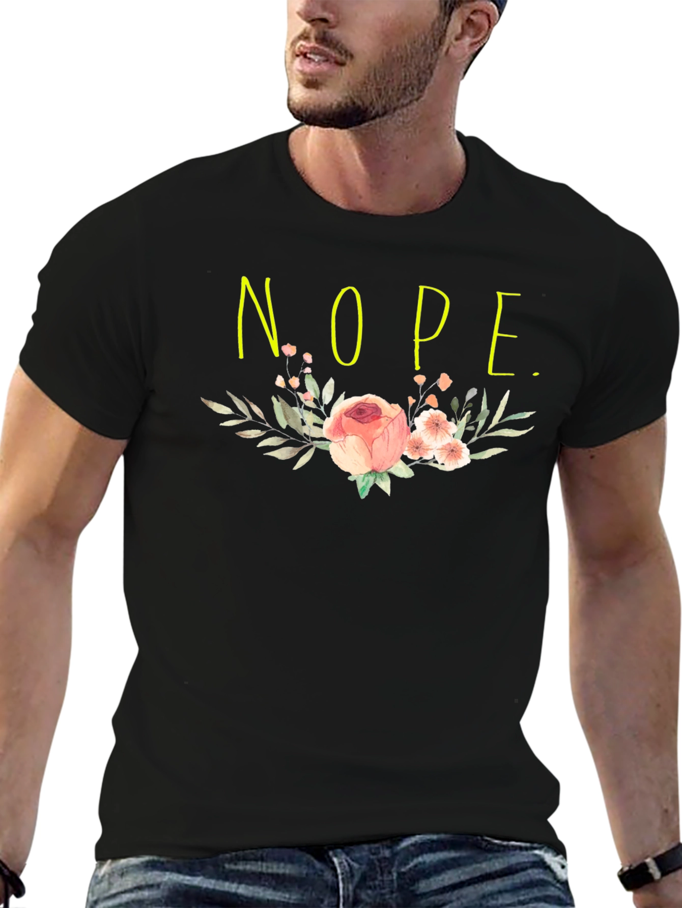Floral Nope. Graphic Tee - Casual Black T-Shirt