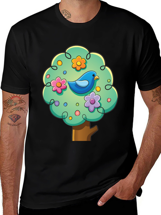 Cute Cartoon Bird Tree Graphic Tee - Black Cotton Shirt