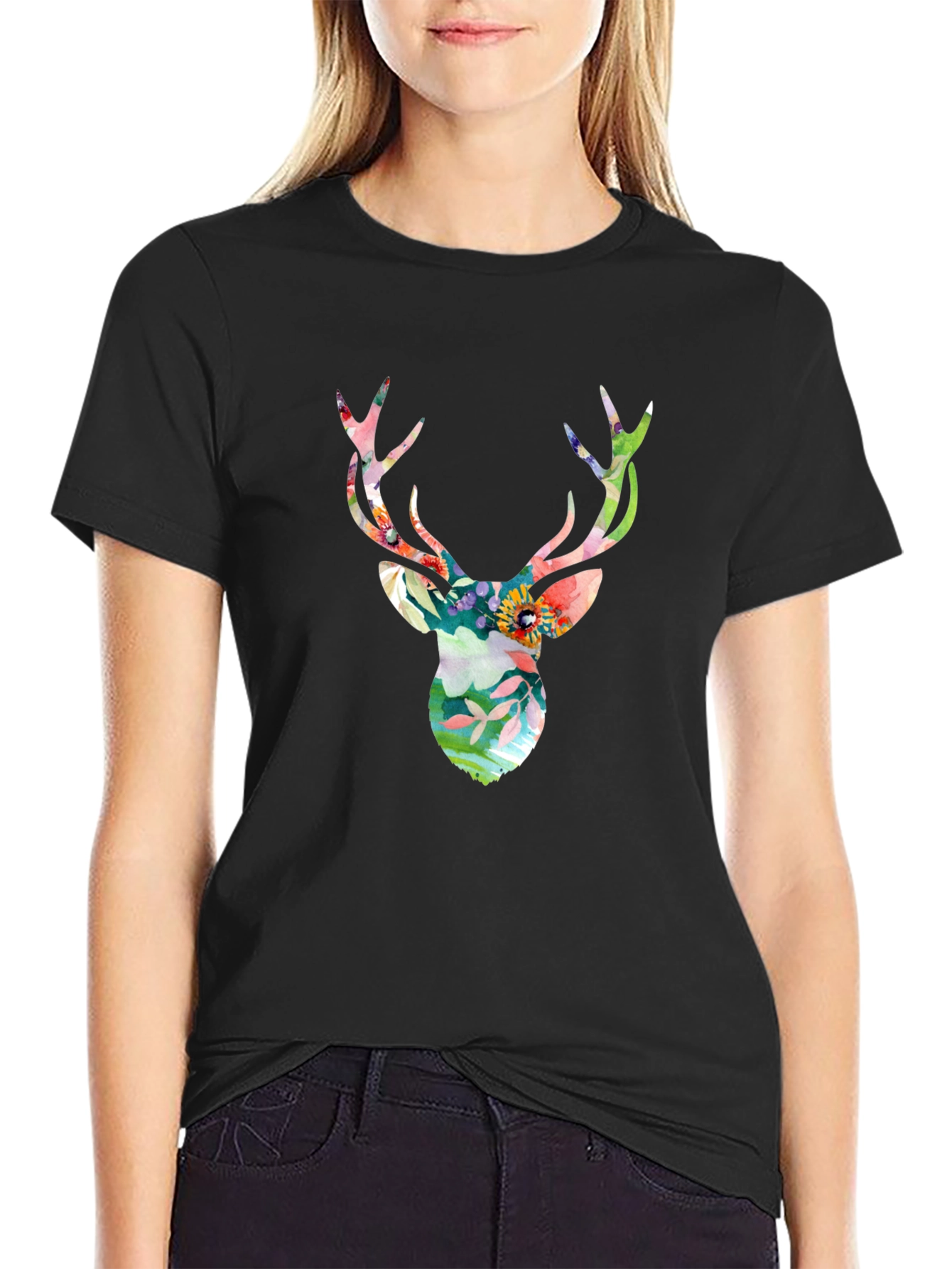 Floral Deer Head Graphic Tee