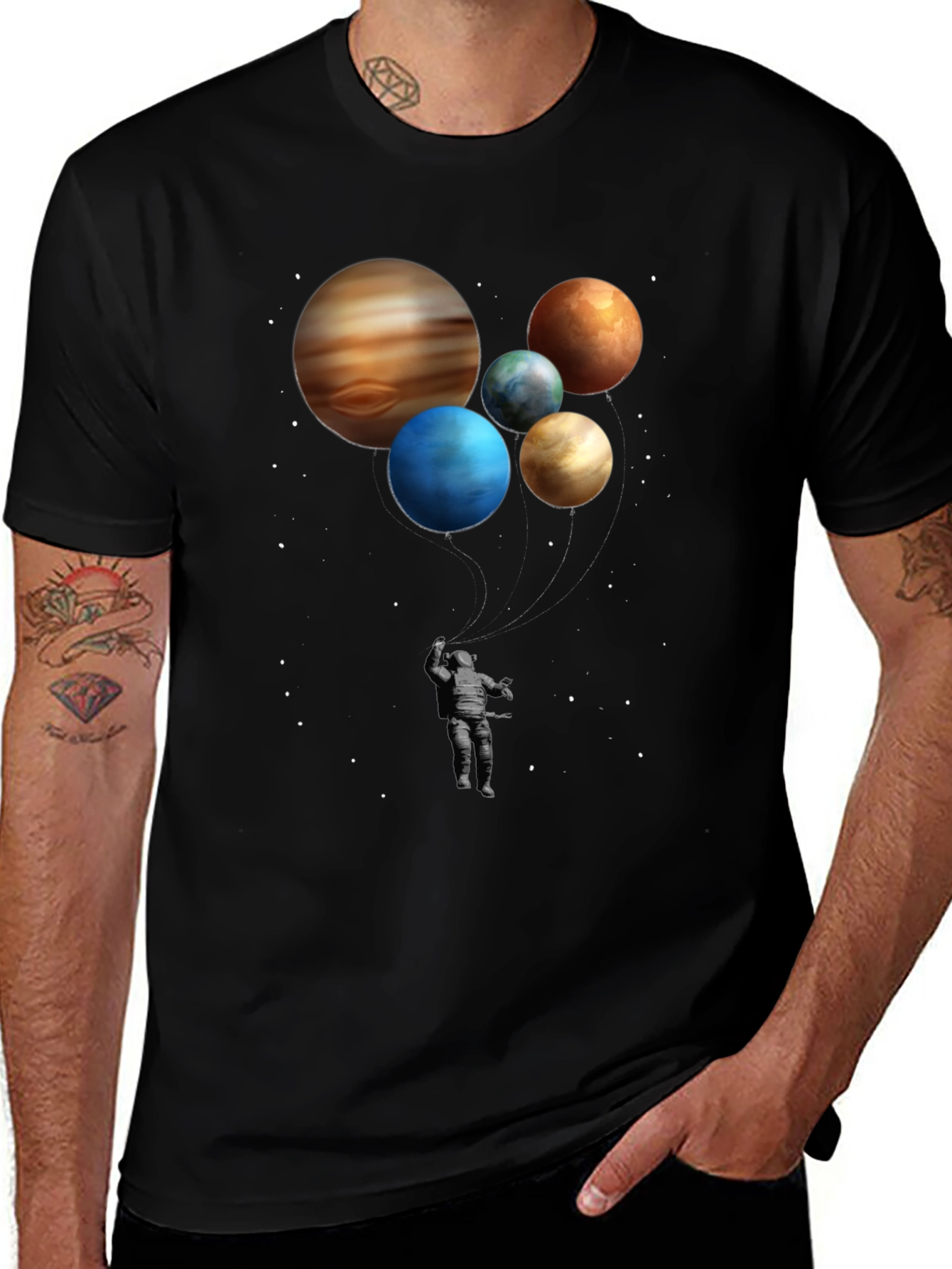 Astronaut and Planet Balloons Graphic Tee - Black