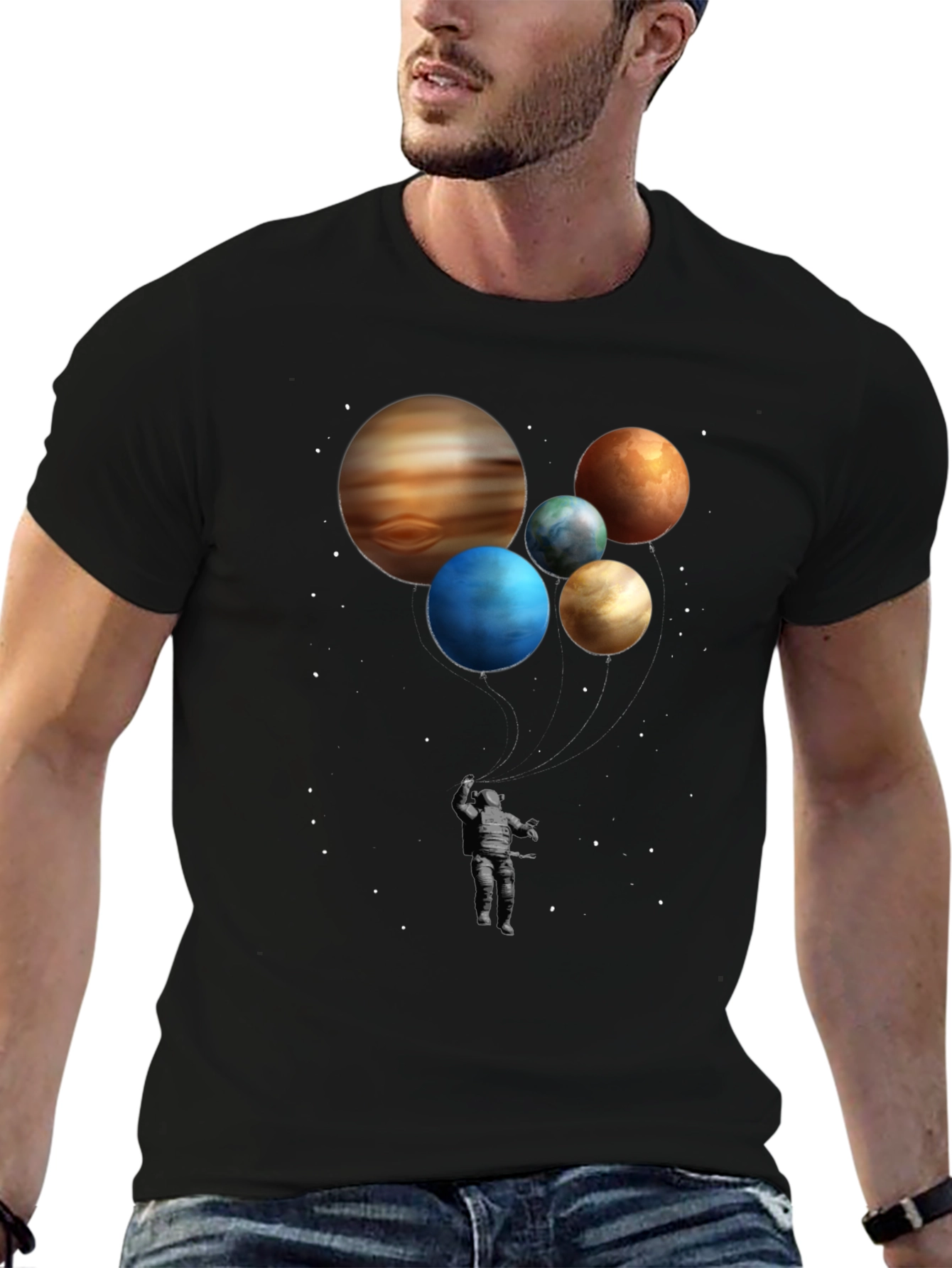 Astronaut and Planet Balloons Graphic Tee - Black