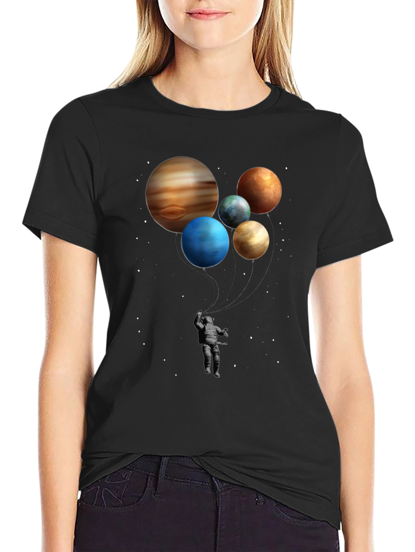 Astronaut and Planet Balloons Graphic Tee - Black