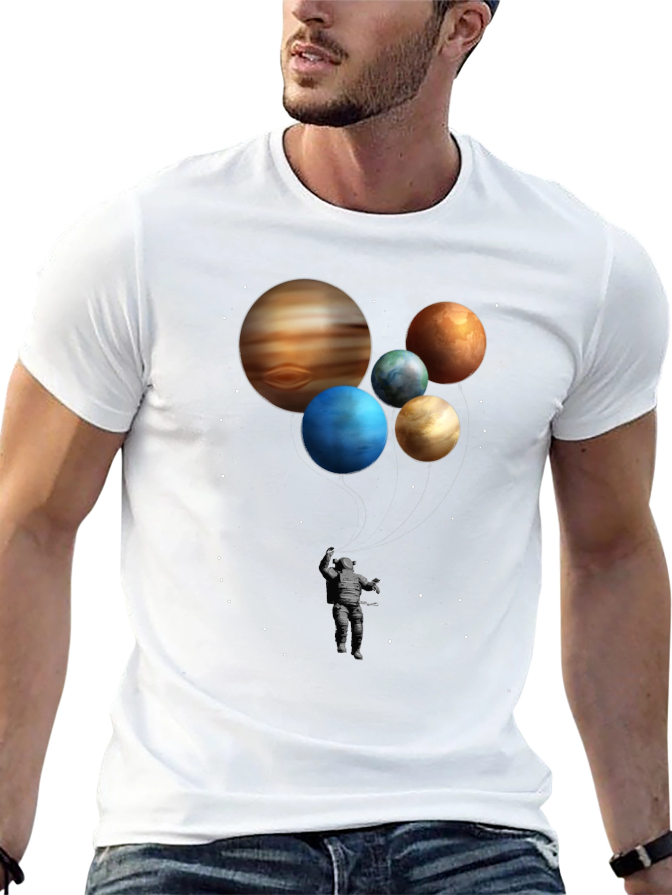 Astronaut and Planet Balloons Graphic Tee - Black