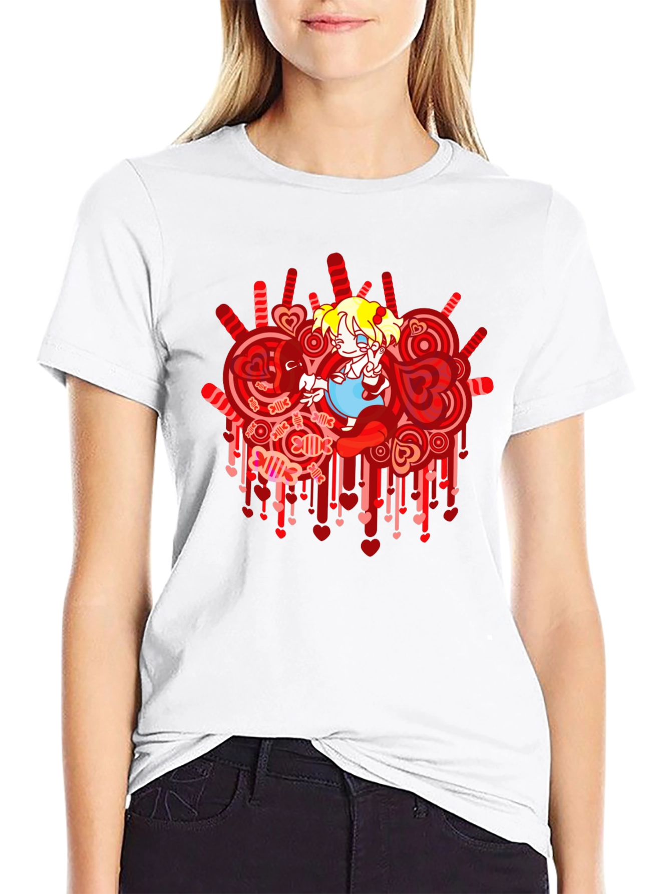 Anime Girl Heart Lollipop Black Graphic Tee