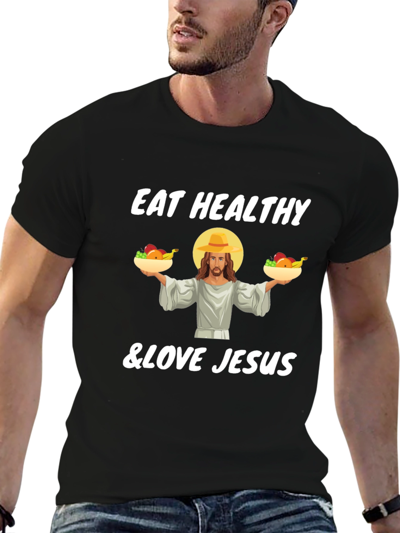 Eat Healthy & Love Jesus Black T-Shirt