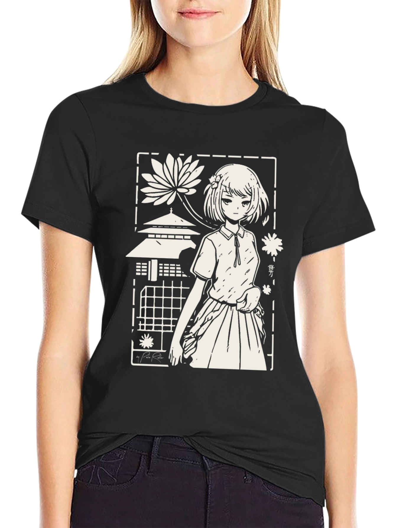 Anime Girl Graphic Tee - Black Cotton T-Shirt