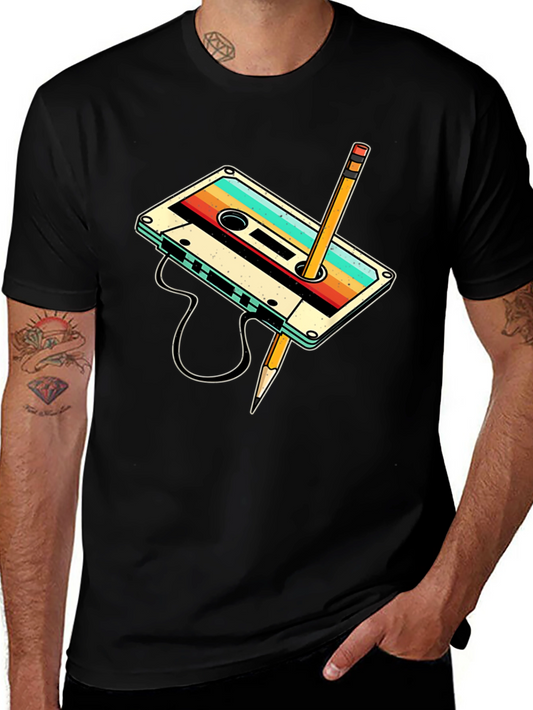 Retro Cassette Tape & Pencil Graphic T-Shirt
