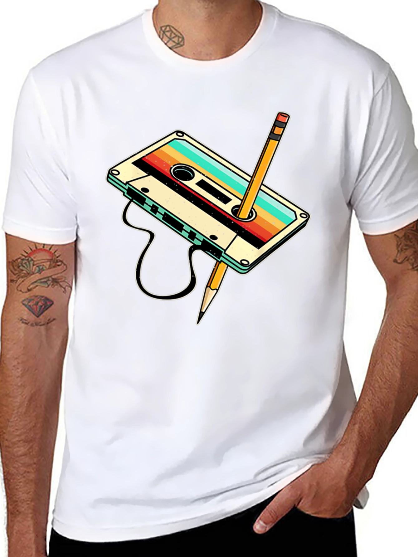 Retro Cassette Tape & Pencil Graphic T-Shirt