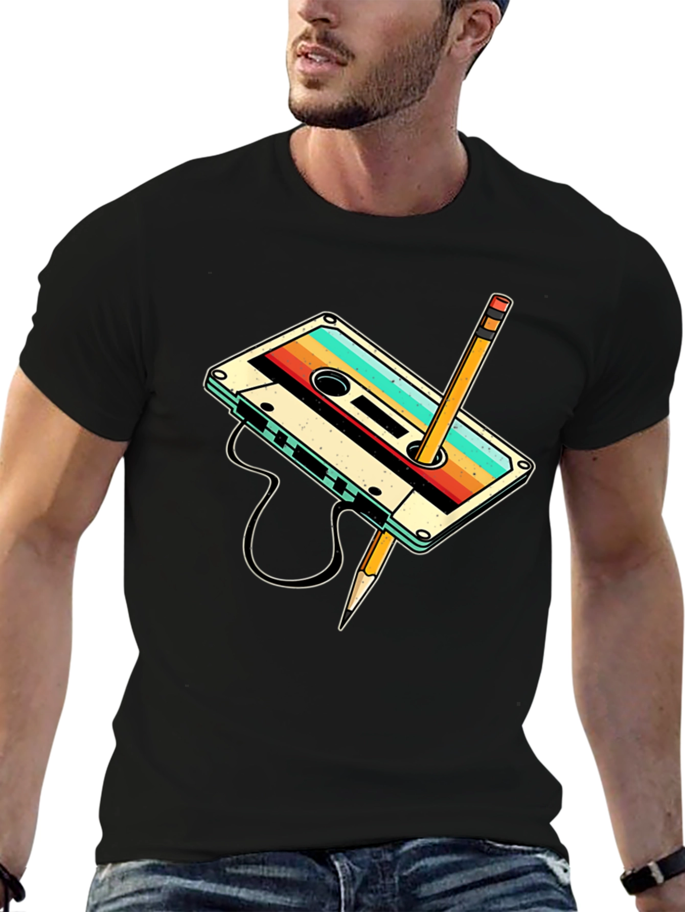 Retro Cassette Tape & Pencil Graphic T-Shirt