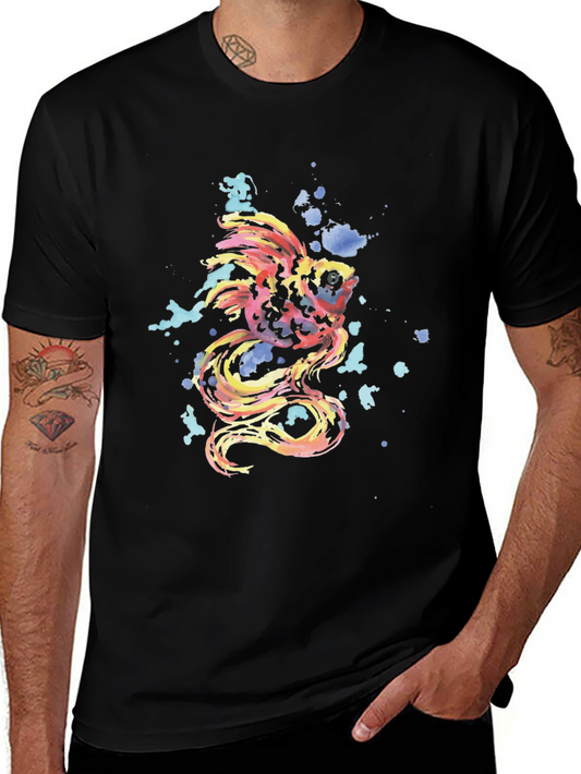 Watercolor Koi Fish Graphic Tee - Black Cotton T-Shirt