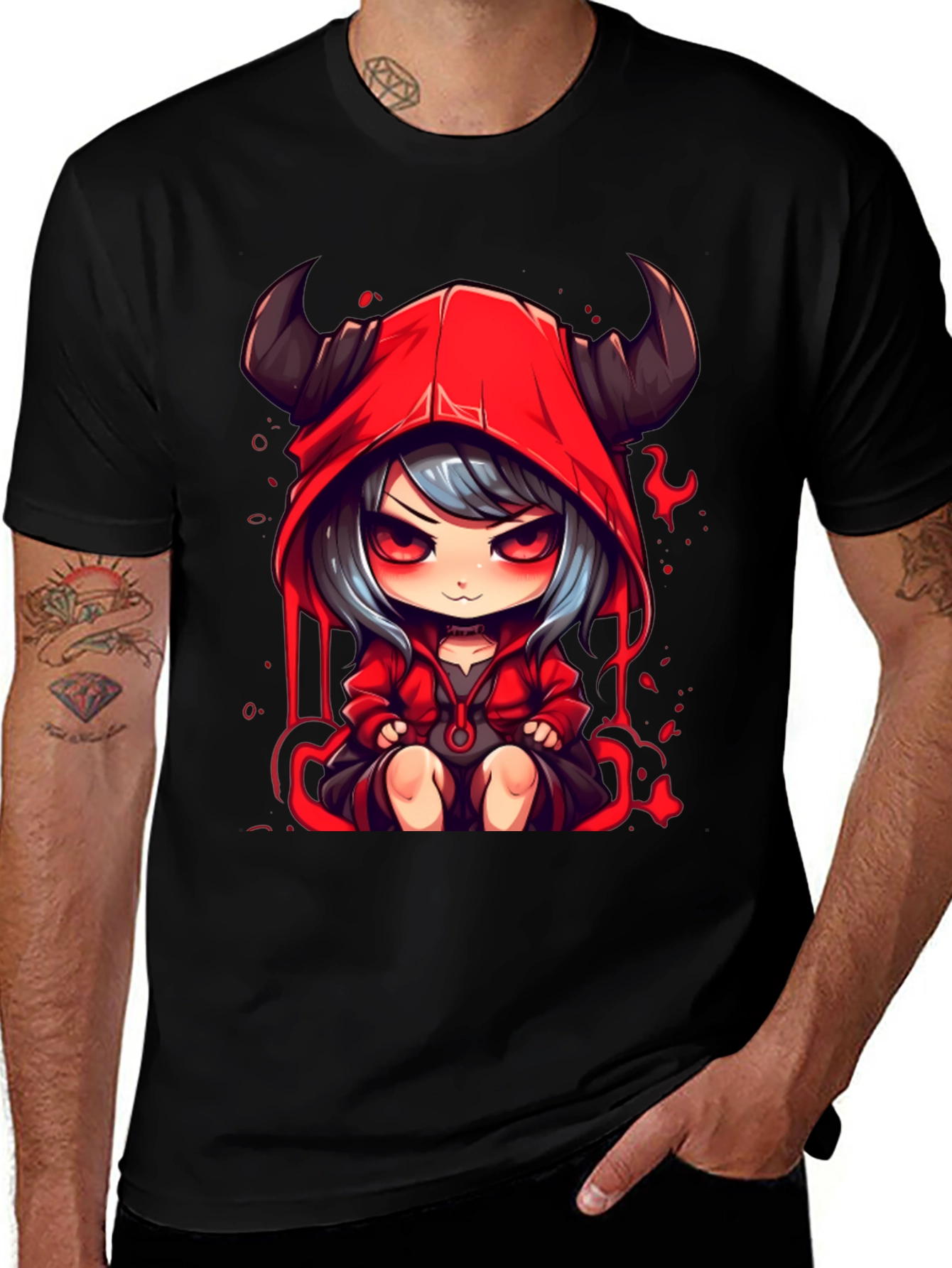Anime Devil Girl Graphic Tee - Black Cotton T-Shirt