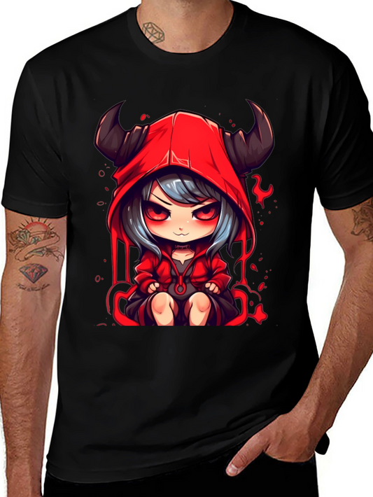 Anime Devil Girl Graphic Tee - Black Cotton T-Shirt