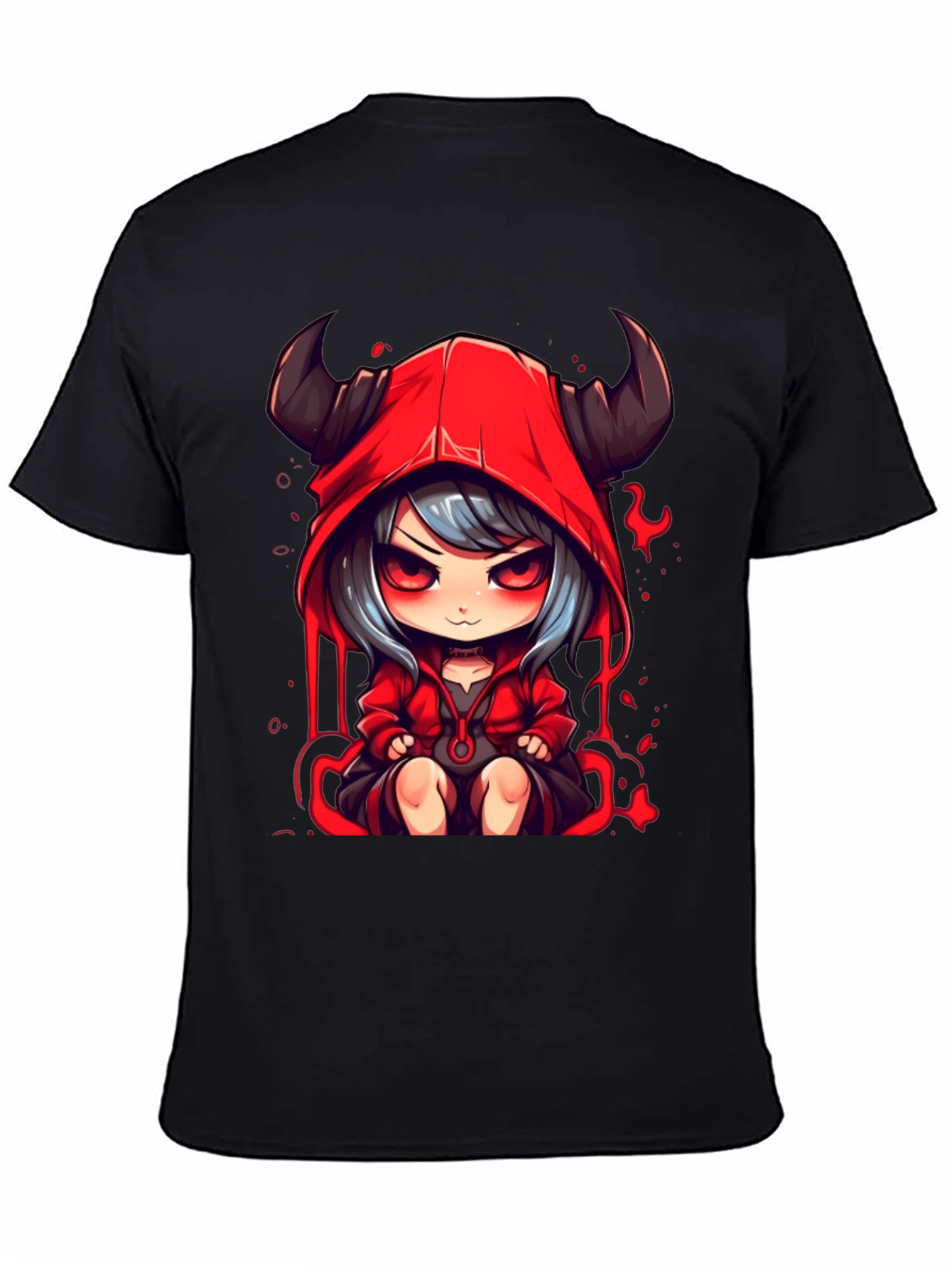 Anime Devil Girl Graphic Tee - Black Cotton T-Shirt