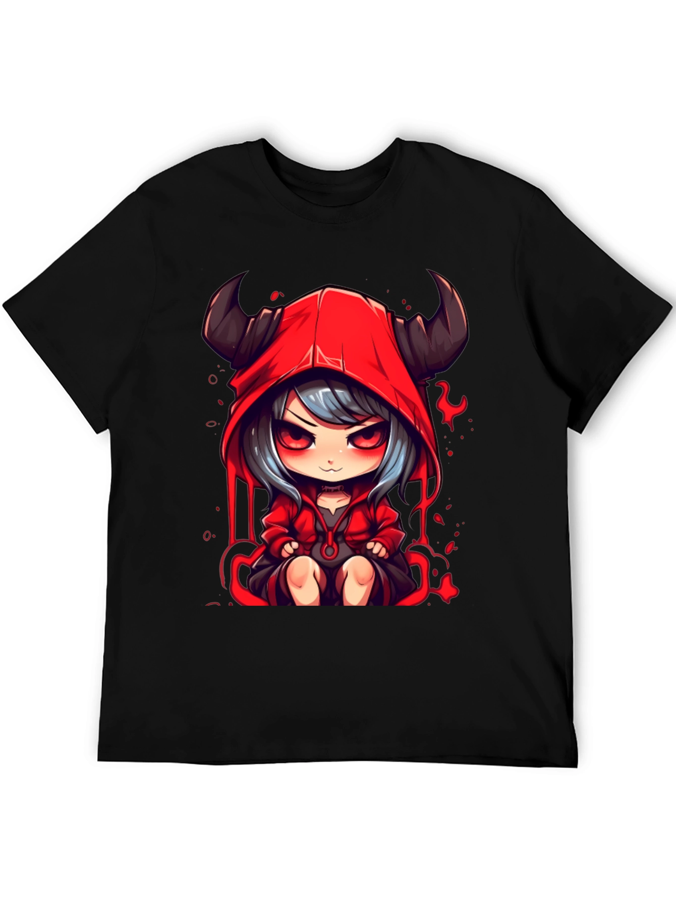 Anime Devil Girl Graphic Tee - Black Cotton T-Shirt