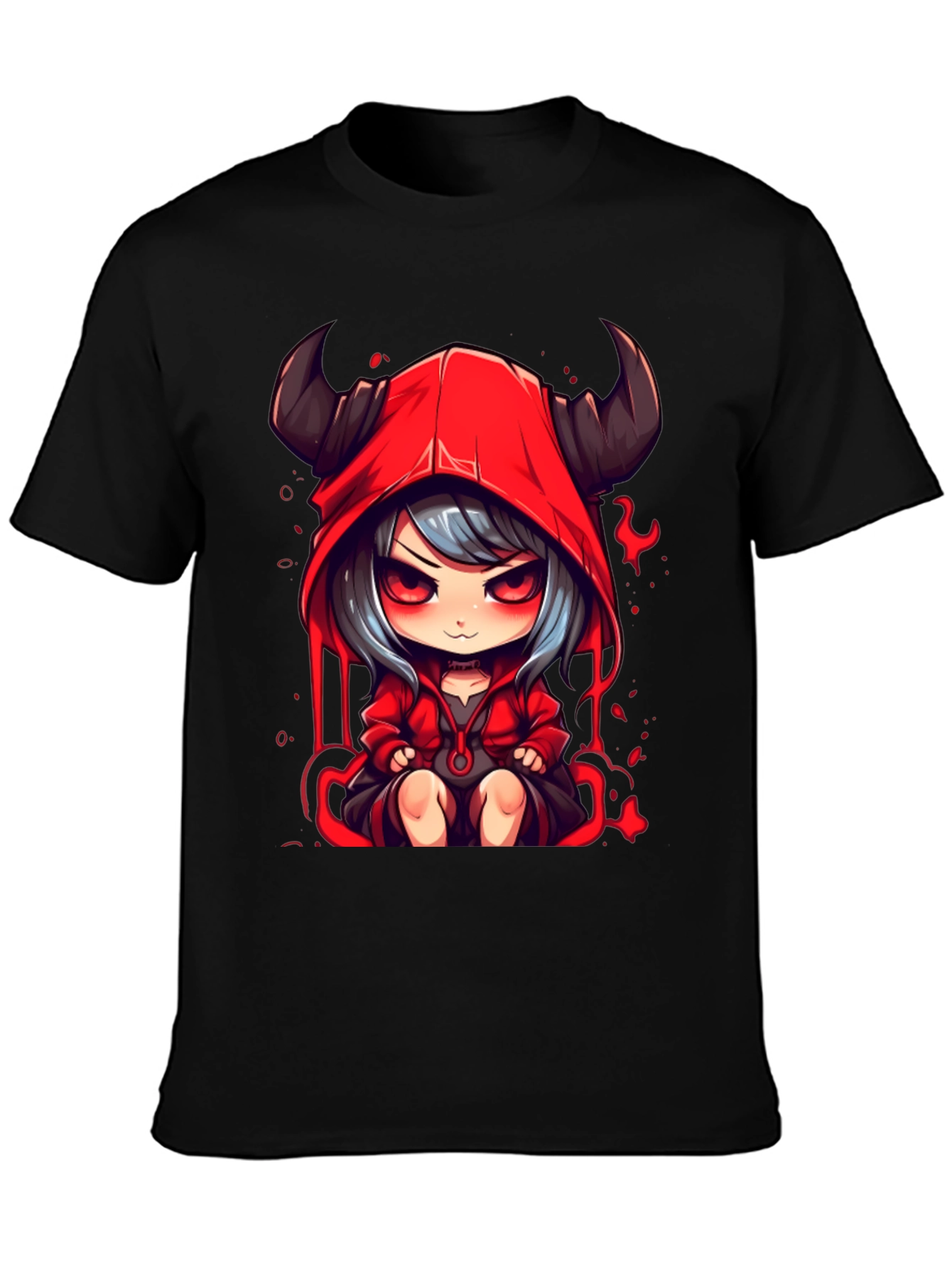 Anime Devil Girl Graphic Tee - Black Cotton T-Shirt