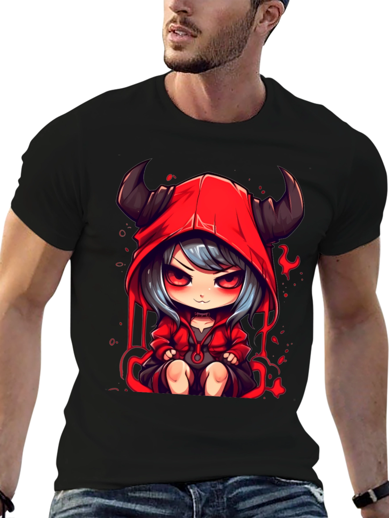 Anime Devil Girl Graphic Tee - Black Cotton T-Shirt