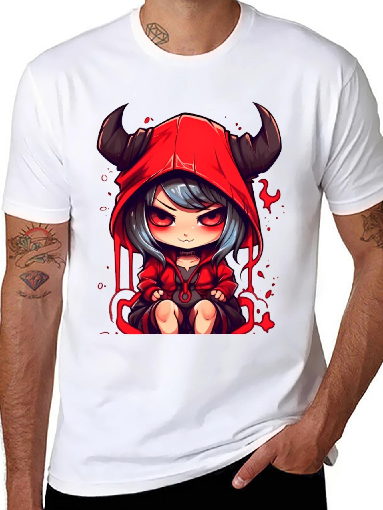 Anime Devil Girl Graphic Tee - Black Cotton T-Shirt