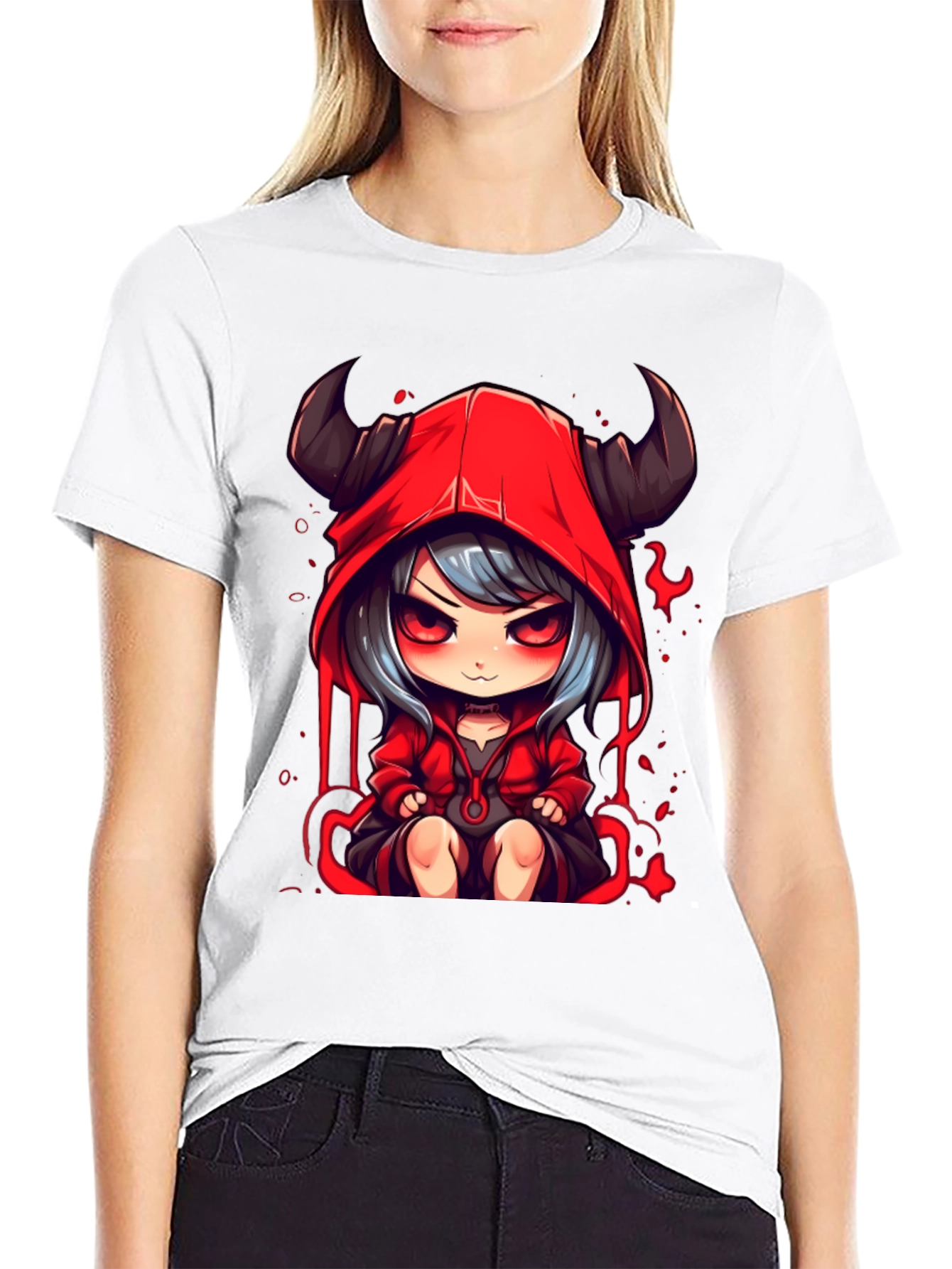 Anime Devil Girl Graphic Tee - Black Cotton T-Shirt