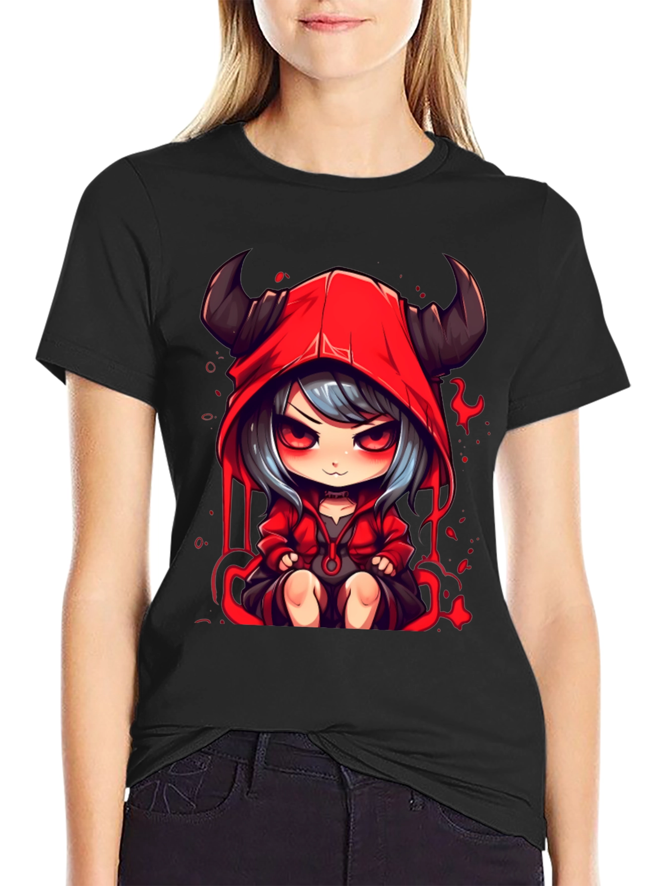 Anime Devil Girl Graphic Tee - Black Cotton T-Shirt