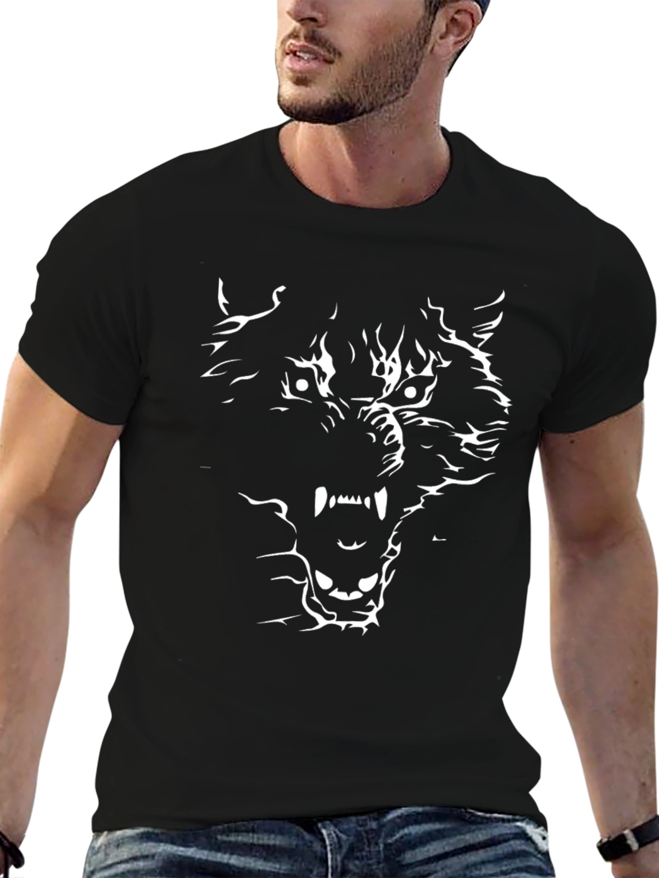 Mens Black Wolf Graphic Tee - Bold Statement Shirt
