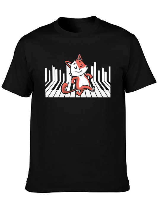 Fox Playing Piano T-Shirt - Black Cotton Tee