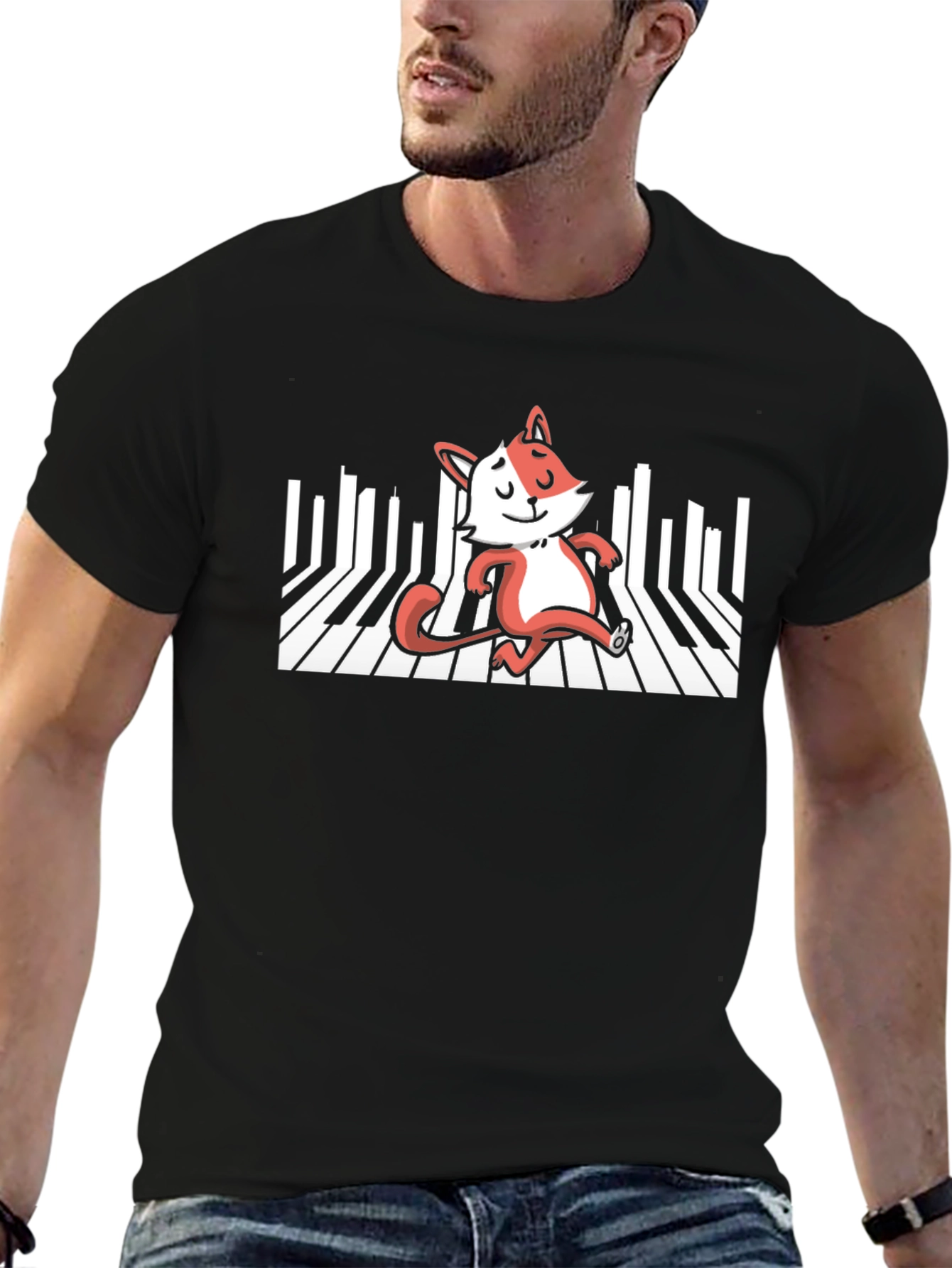 Fox Playing Piano T-Shirt - Black Cotton Tee