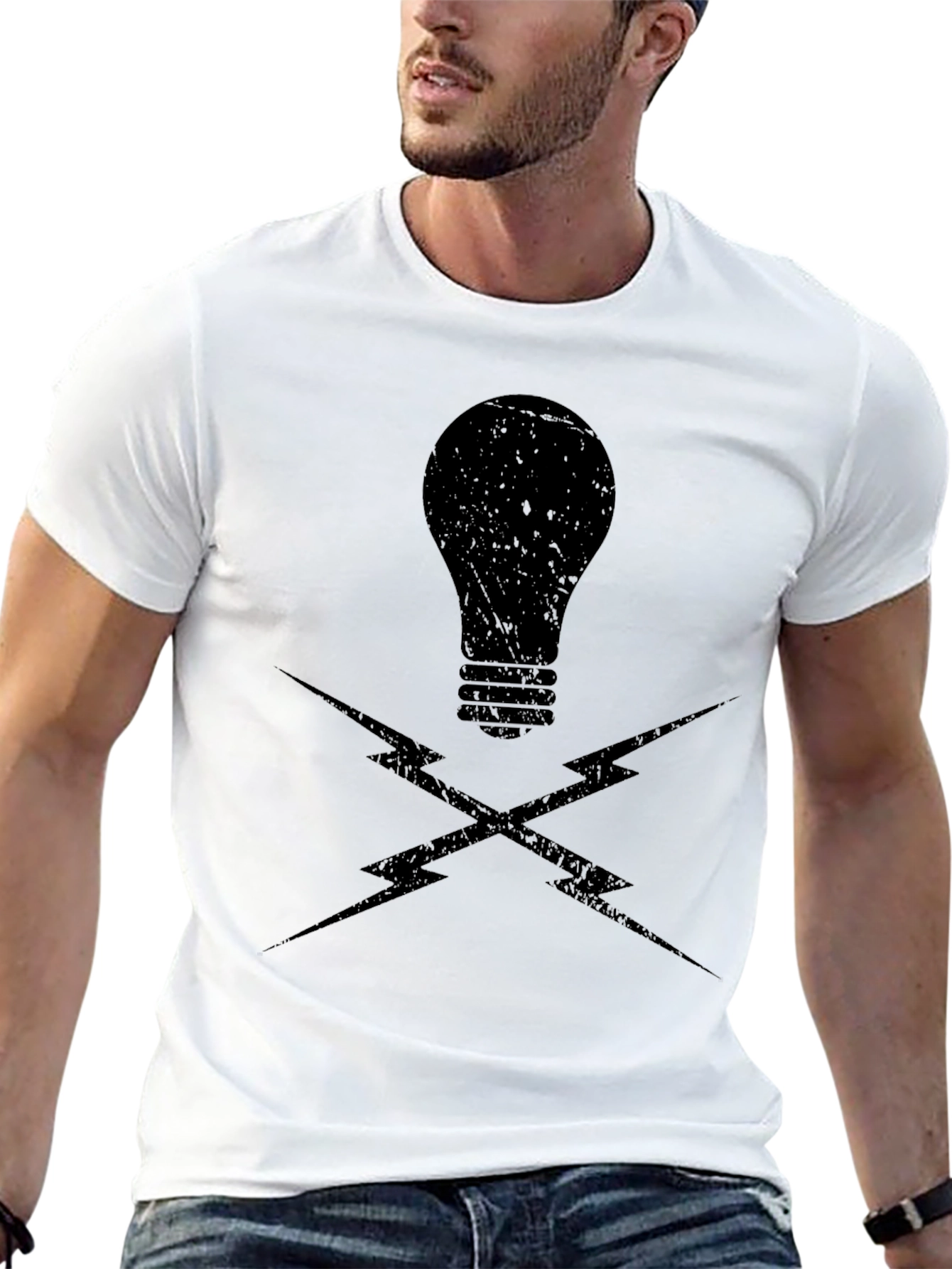 Edgy Lightbulb & Lightning Bolt Graphic T-Shirt