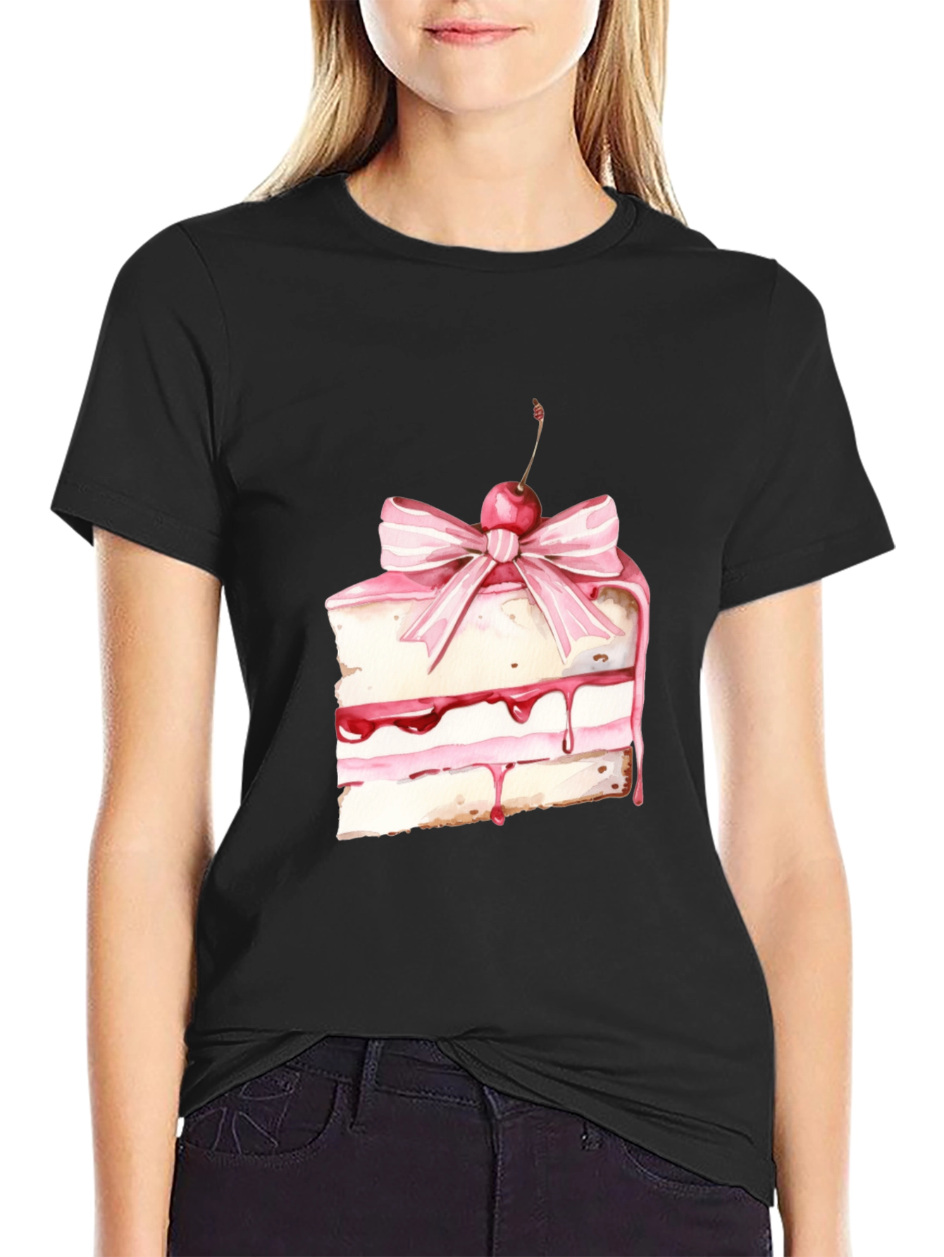 Sweet Treat Tee: Cake Slice Graphic Black T-Shirt