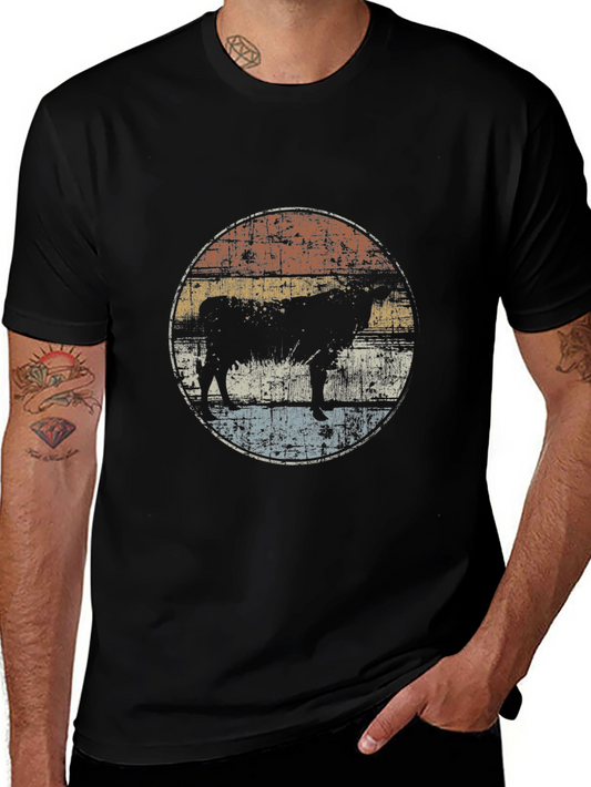 Retro Cow Graphic Tee - Vintage Style Black T-Shirt