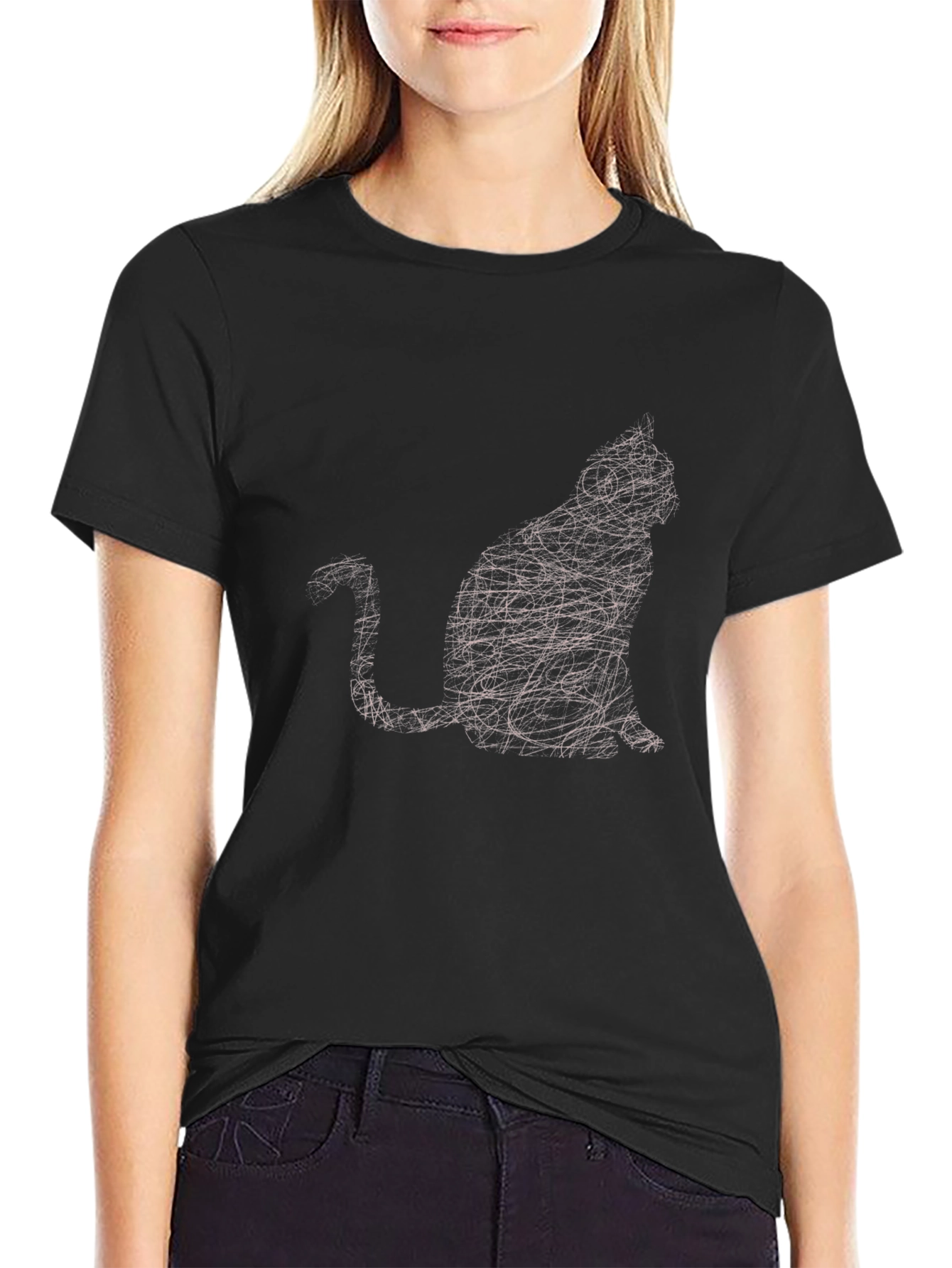 Abstract Cat Graphic T-Shirt - Stylish Black Tee
