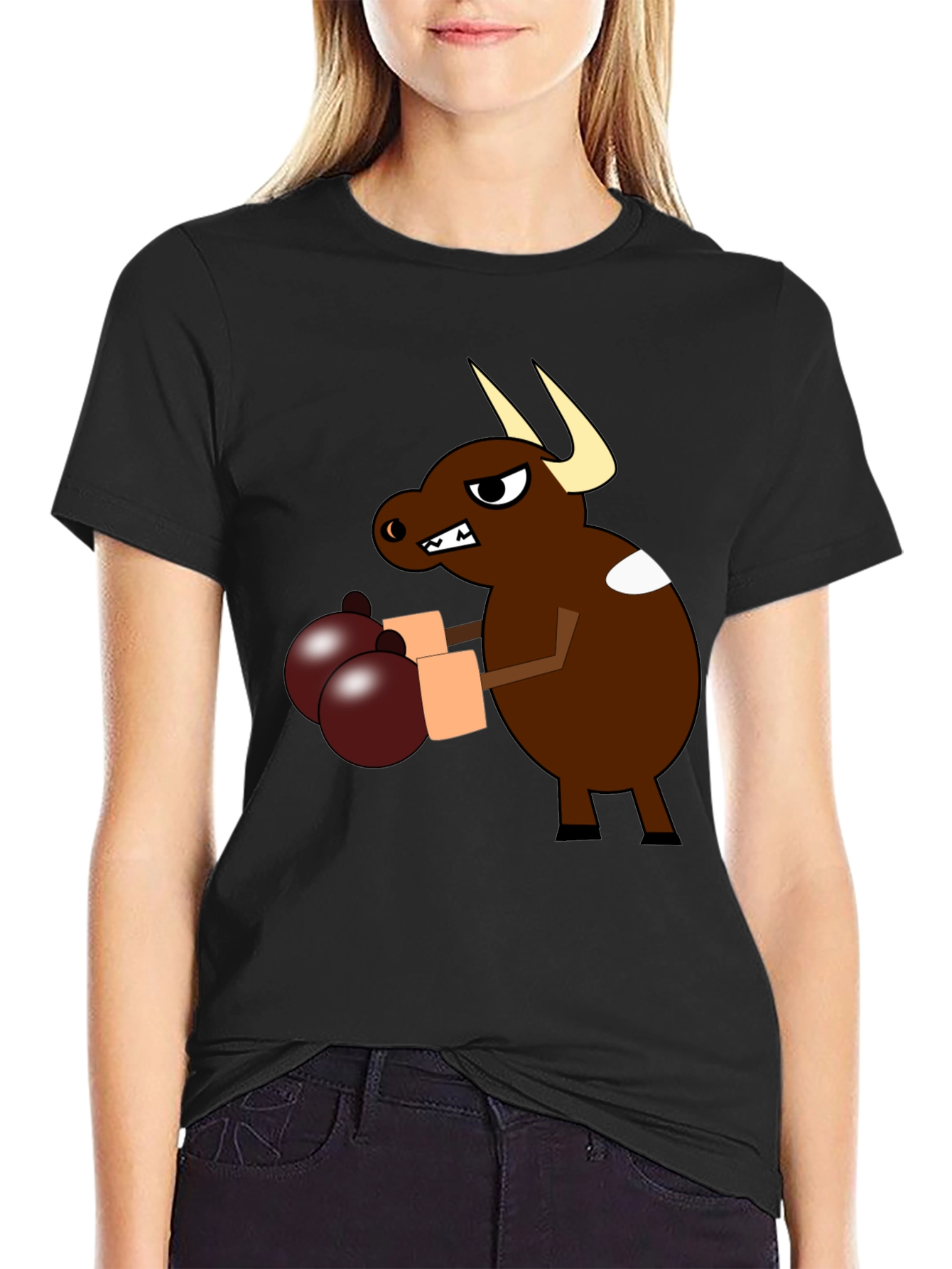 Cartoon Boxing Bull Black T-Shirt