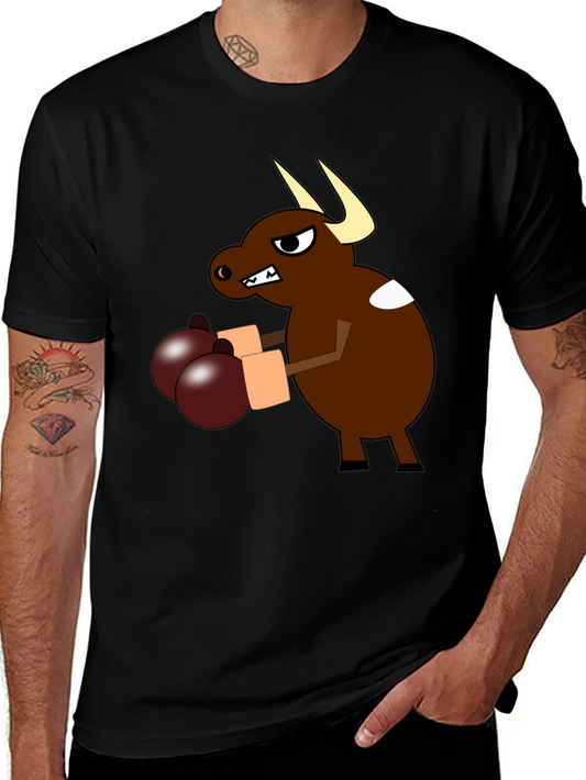 Cartoon Boxing Bull Black T-Shirt