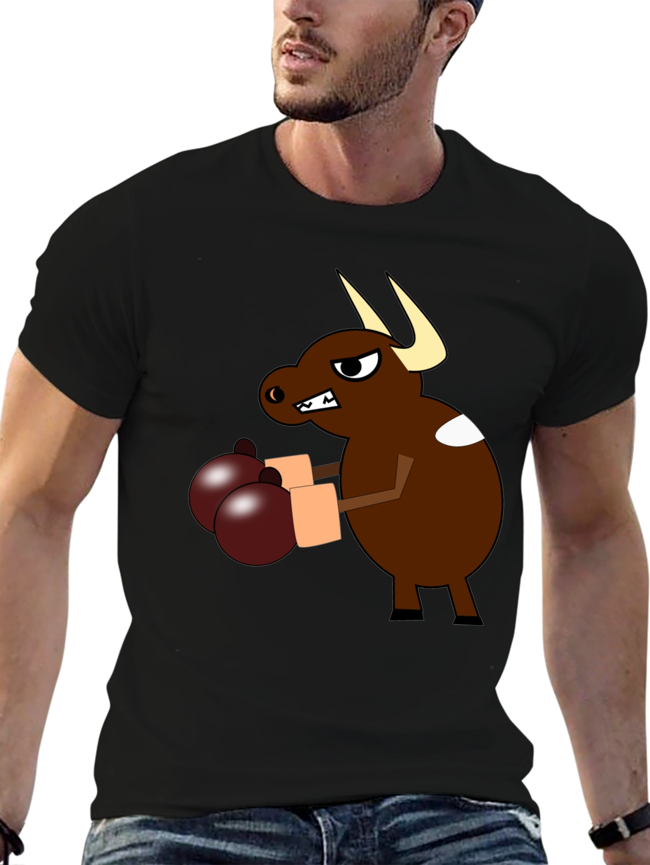 Cartoon Boxing Bull Black T-Shirt