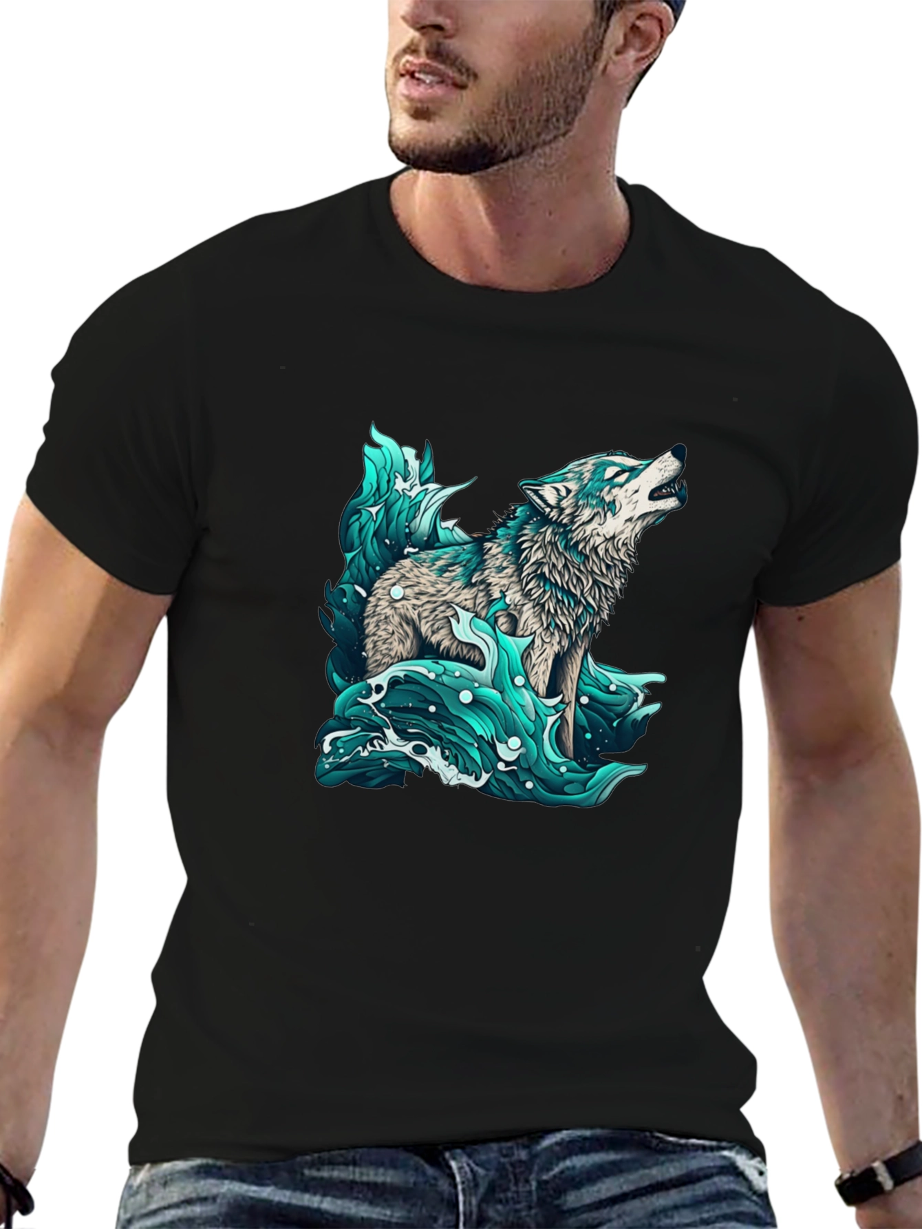 Wolf in Water Graphic Black T-Shirt