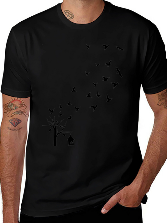 Mens Black T-Shirt: Birds & Tree Graphic Print