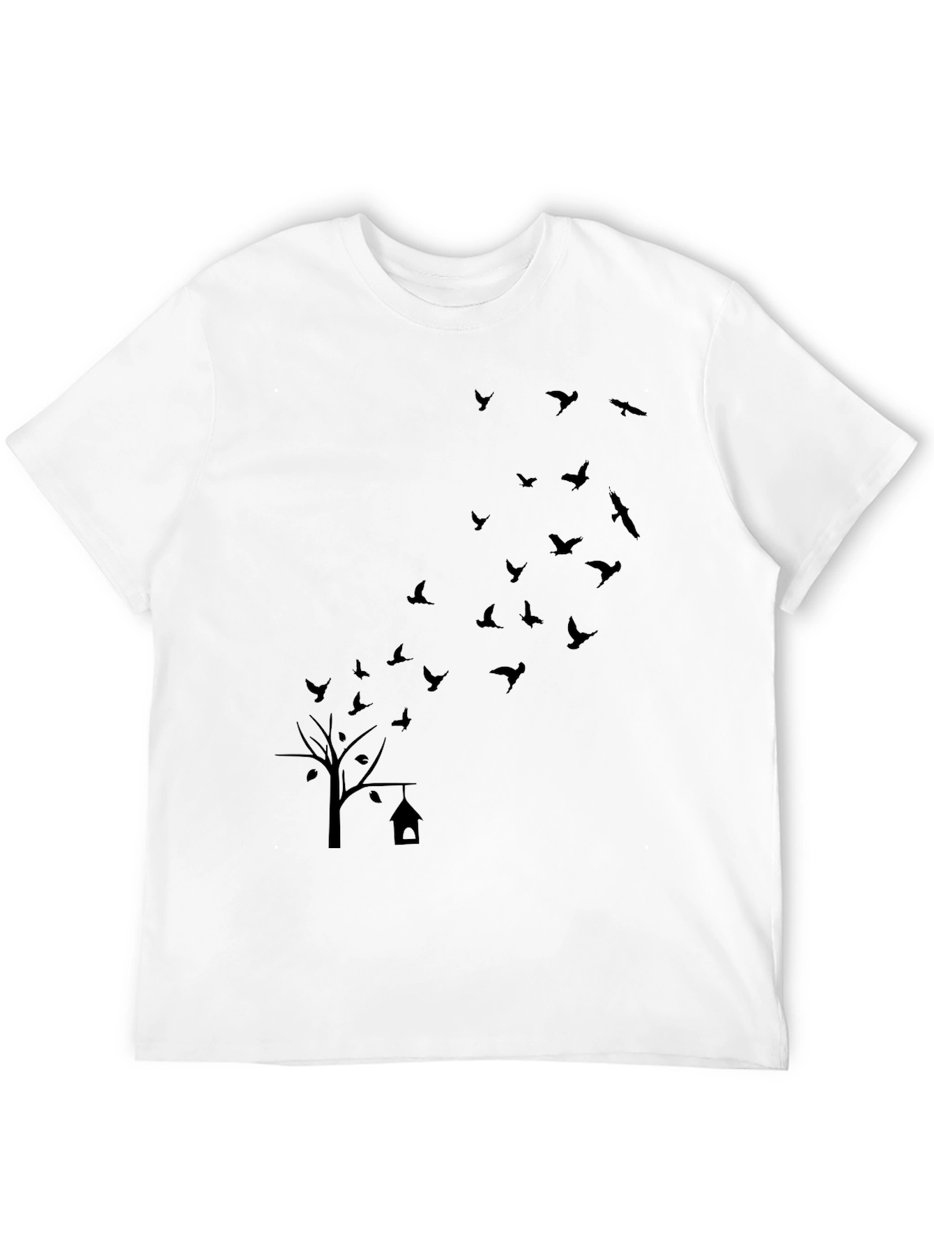 Mens Black T-Shirt: Birds & Tree Graphic Print