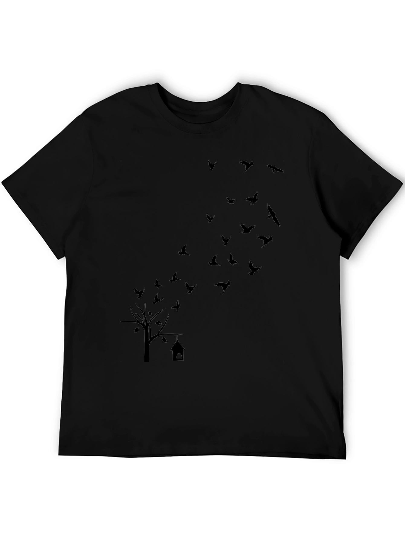 Mens Black T-Shirt: Birds & Tree Graphic Print