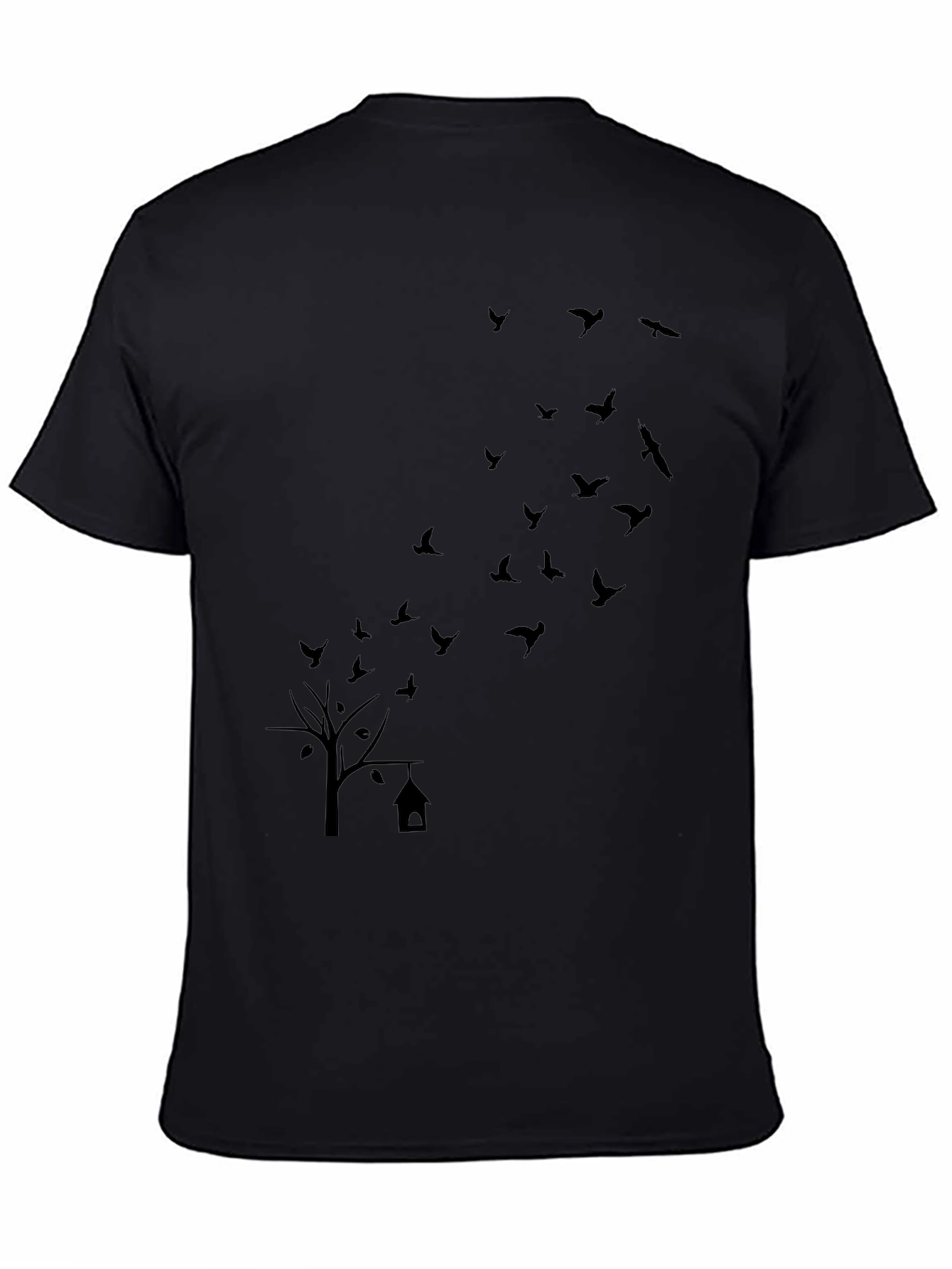 Mens Black T-Shirt: Birds & Tree Graphic Print