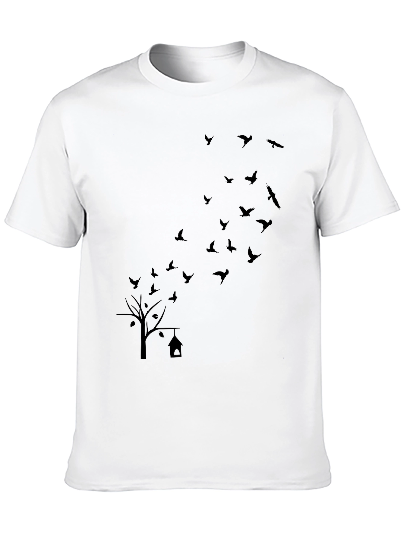 Mens Black T-Shirt: Birds & Tree Graphic Print