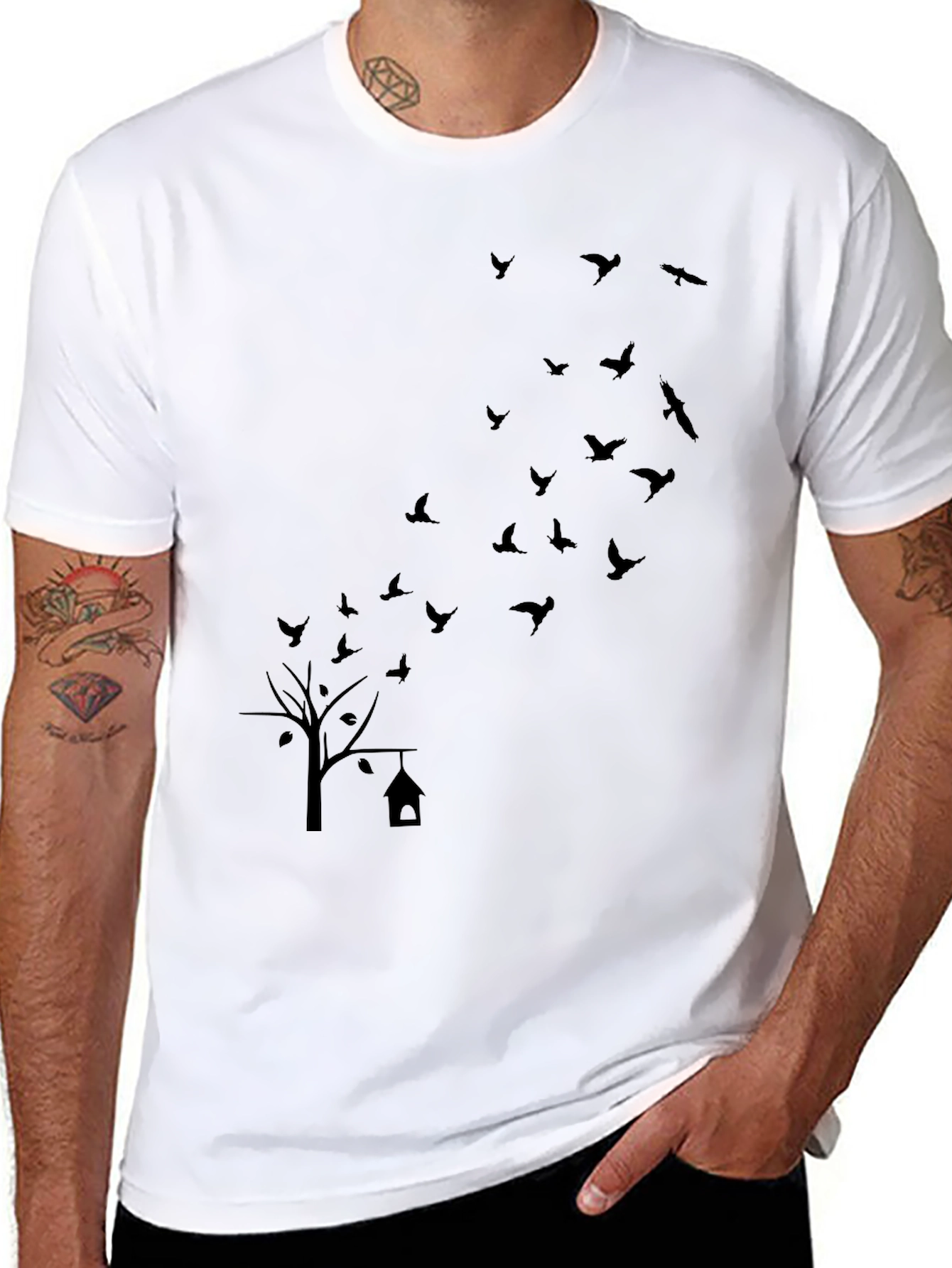 Mens Black T-Shirt: Birds & Tree Graphic Print