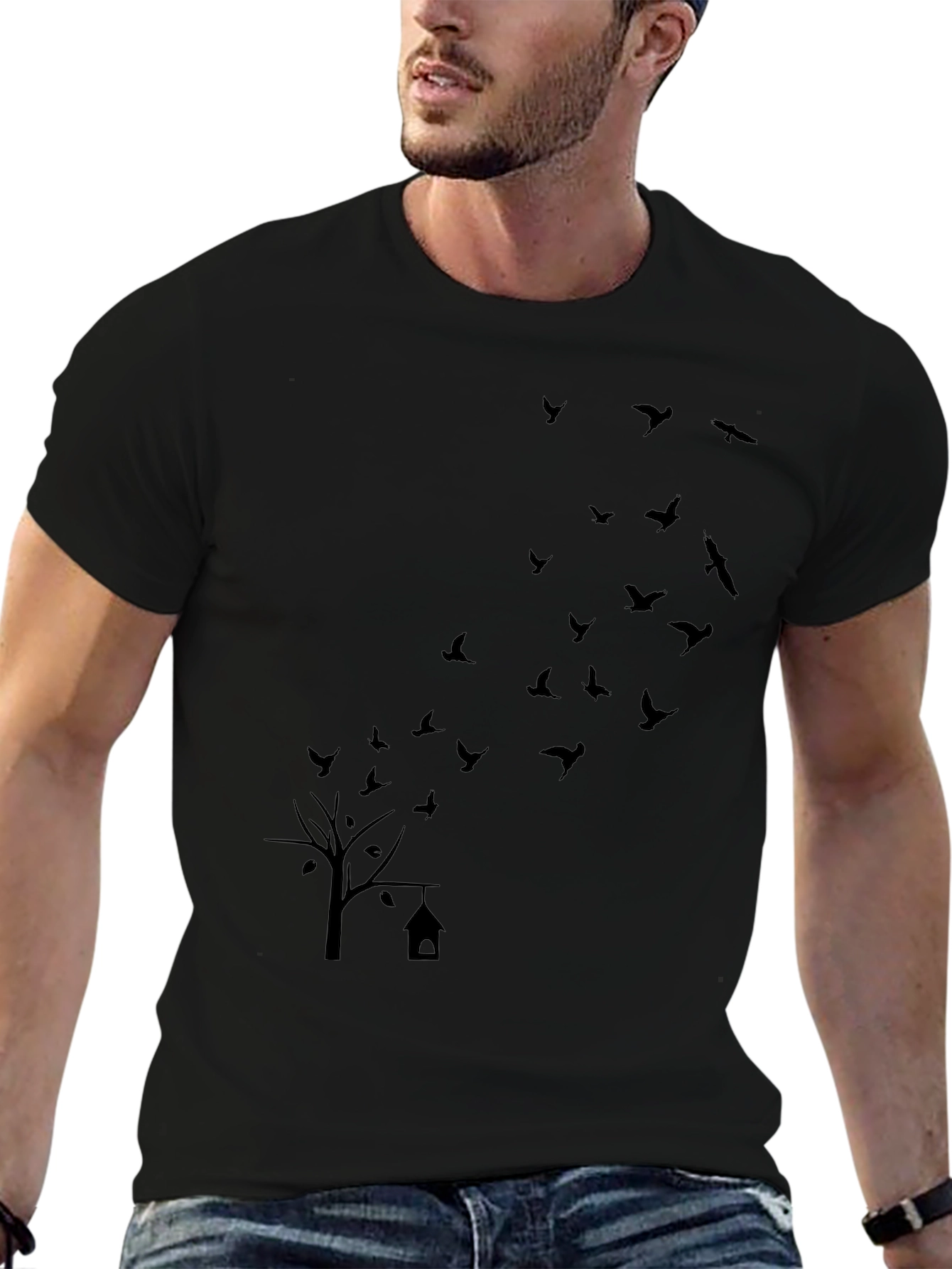 Mens Black T-Shirt: Birds & Tree Graphic Print