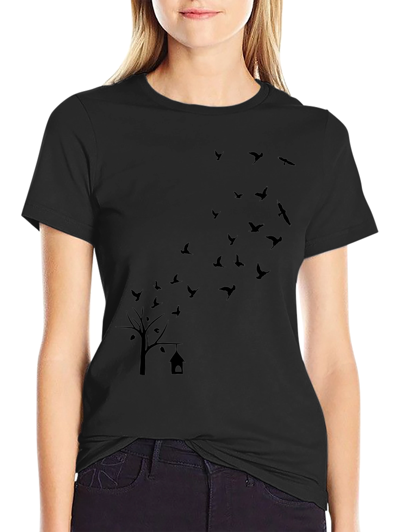 Mens Black T-Shirt: Birds & Tree Graphic Print
