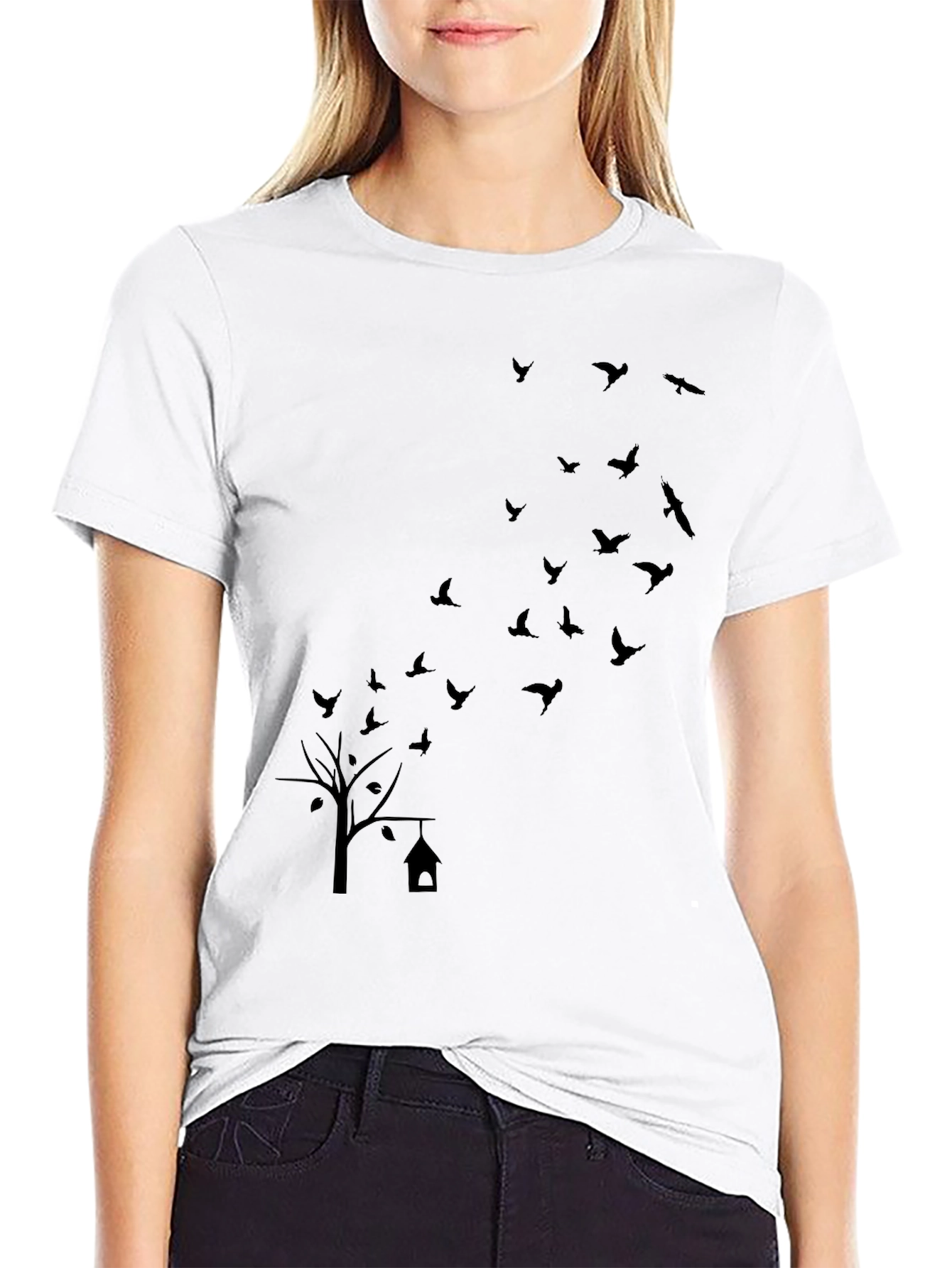 Mens Black T-Shirt: Birds & Tree Graphic Print