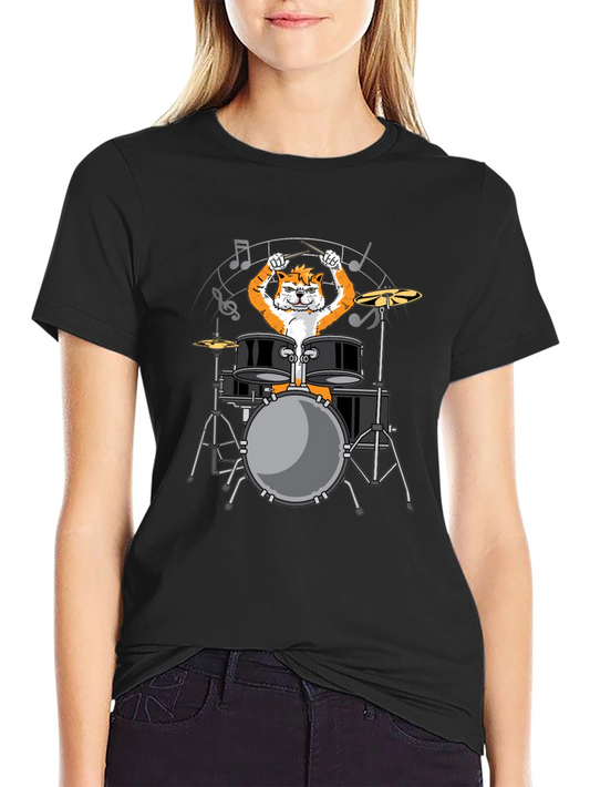 Drummer Cat Graphic Tee - Black Cotton T-Shirt